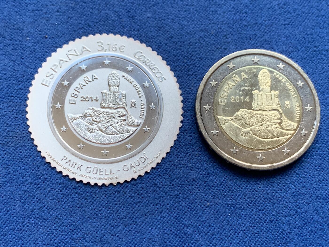 《竞宝斋》第452场 周日，周一 2场连拍 （全场包邮，欢迎送拍） 西班牙2014年奎尔公园2欧双金属纪念币+0.8克银片