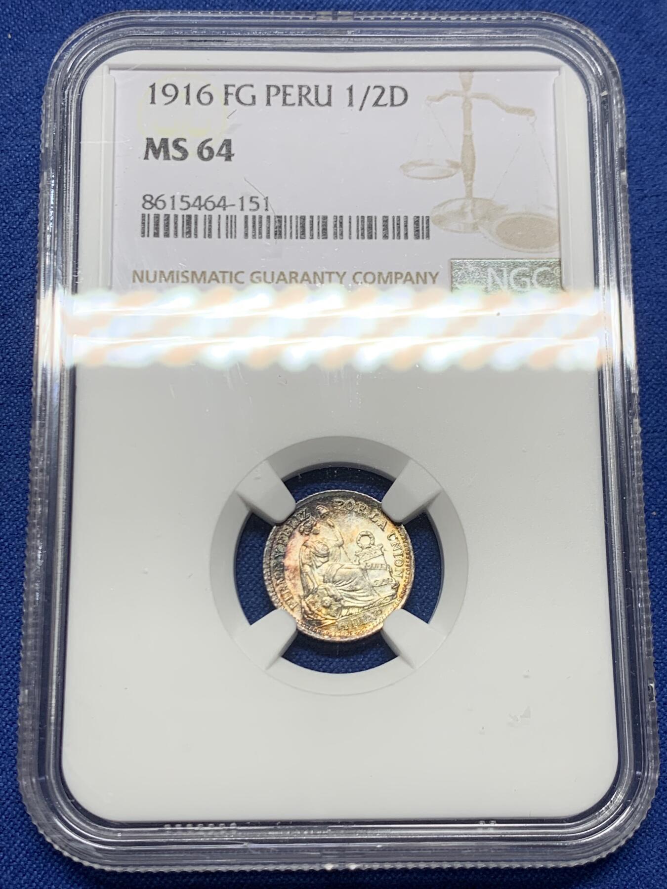 《竞宝斋》第452场 周日，周一 2场连拍 （全场包邮，欢迎送拍） NGC MS64 秘鲁1916年1/2蒂罗娜银币，带一抹极其亮眼的月牙彩，底板有镜面感，不可多得的好状态