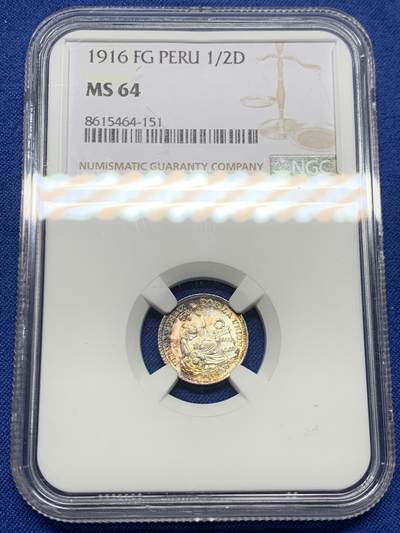 《竞宝斋》第452场 周日，周一 2场连拍 （全场包邮，欢迎送拍） - NGC MS64 秘鲁1916年1/2蒂罗娜银币，带一抹极其亮眼的月牙彩，底板有镜面感，不可多得的好状态