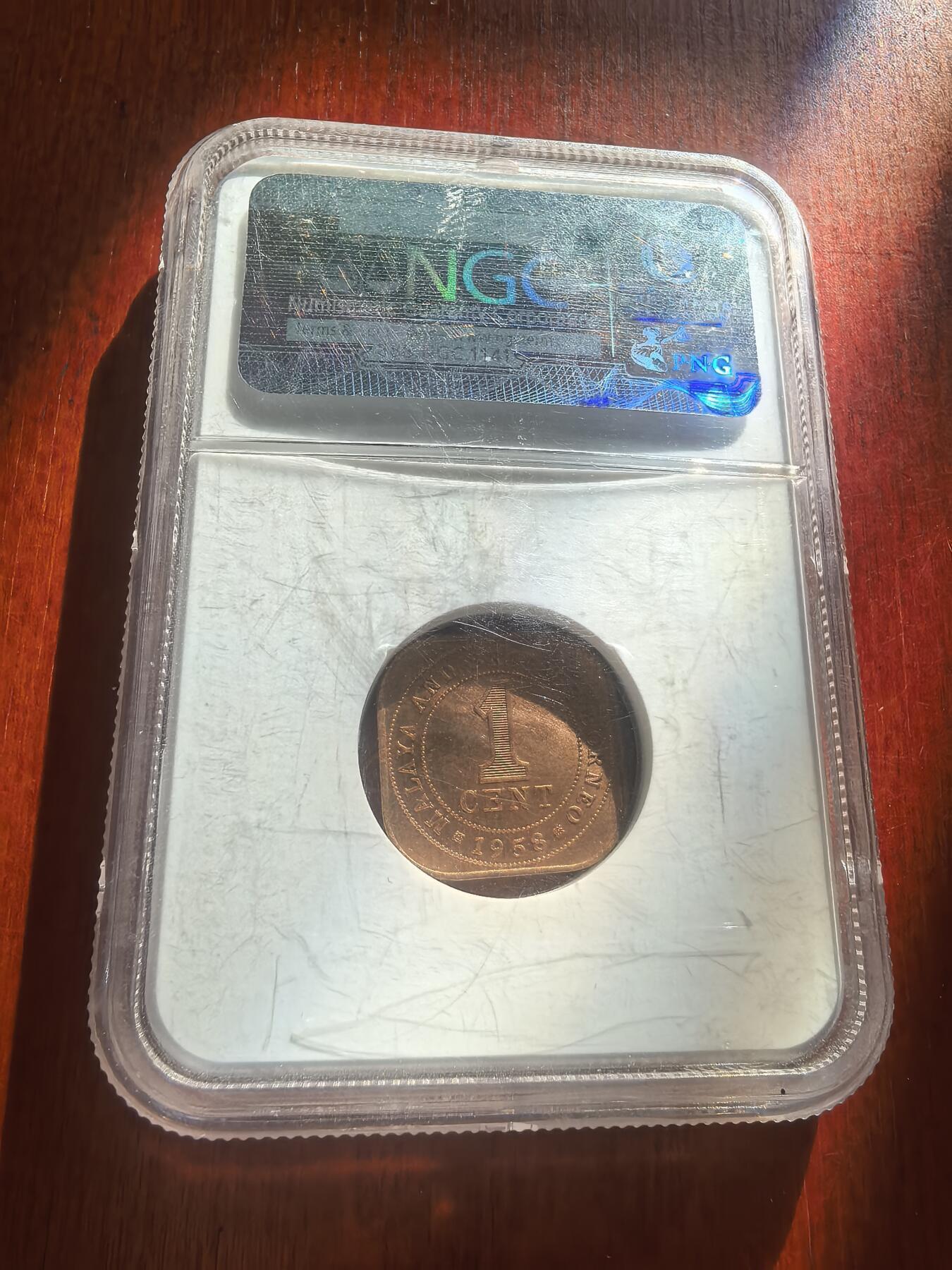 长老汇蛇年精选第八十九场拍卖 1958马来西亚1分铜币，NGC MS64RB，亚军，更高20枚，老盒
