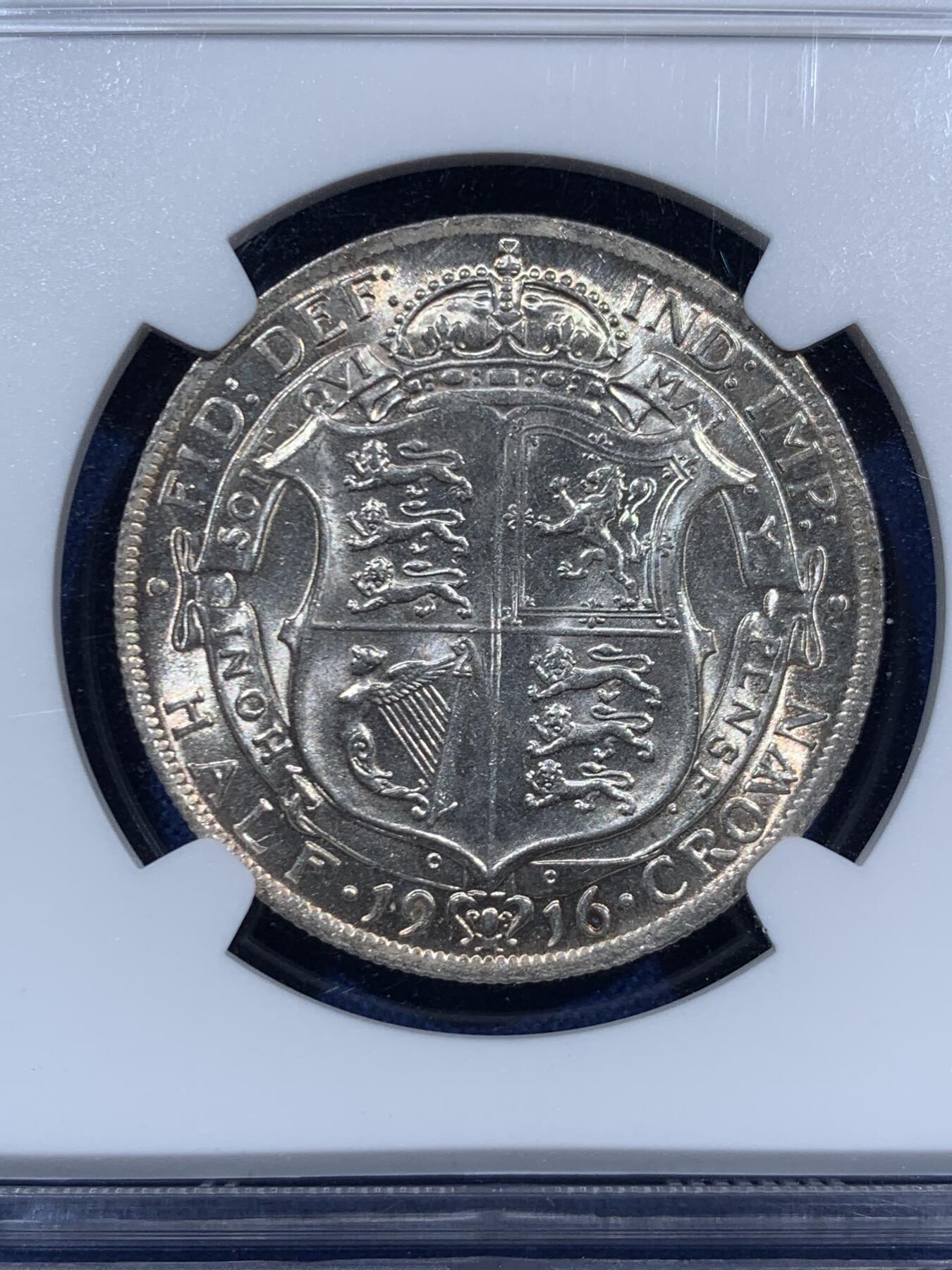 《竞宝斋》第452场 周日，周一 2场连拍 （全场包邮，欢迎送拍） NGC MS64 英国1916年乔五半克朗银币 925高银版本