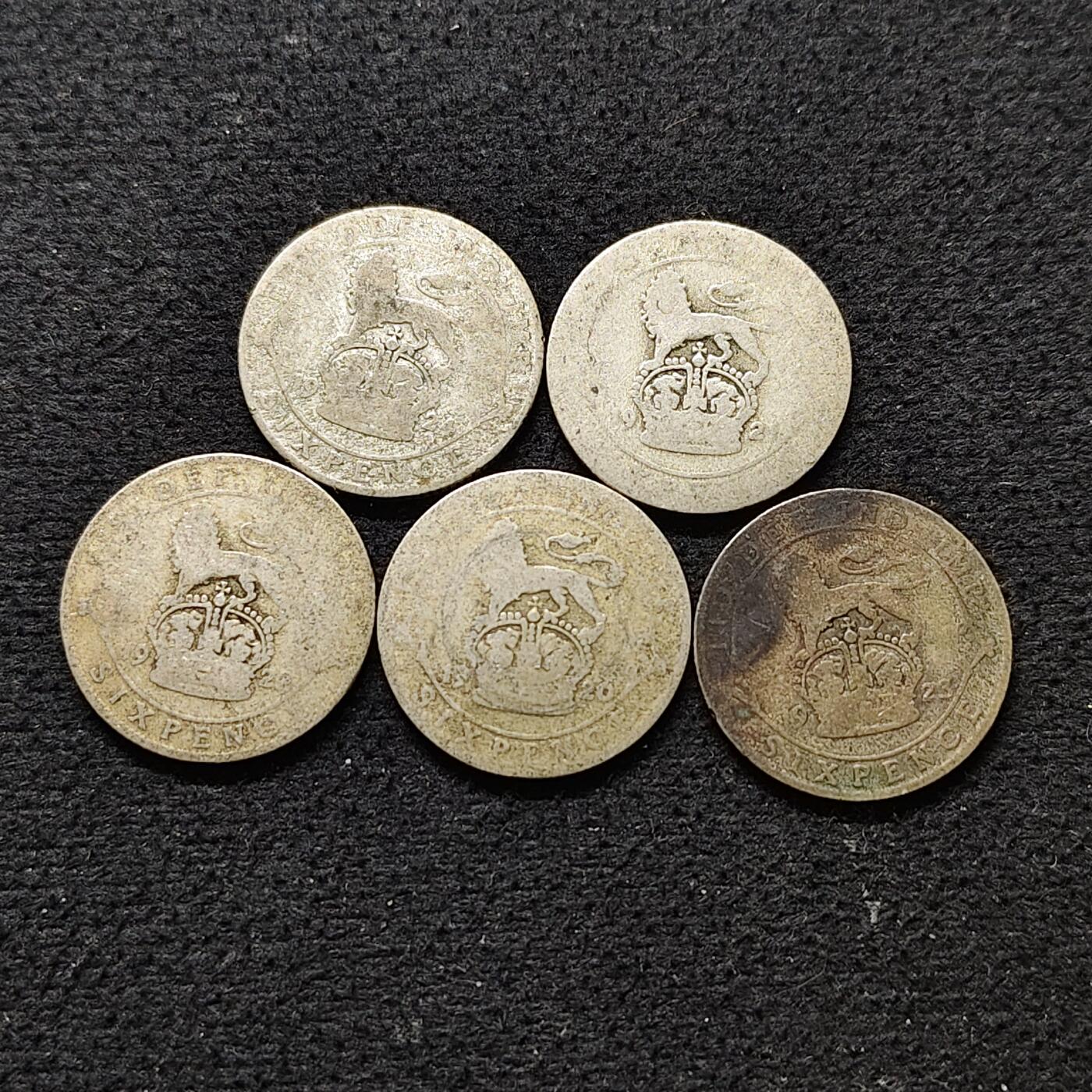 【全场包邮】纯粹捡漏拍490场（免费代拍第27场） 英国乔治五世各年份低银（500银）6便士银币5枚一组-单枚2.83克合计14.15克
