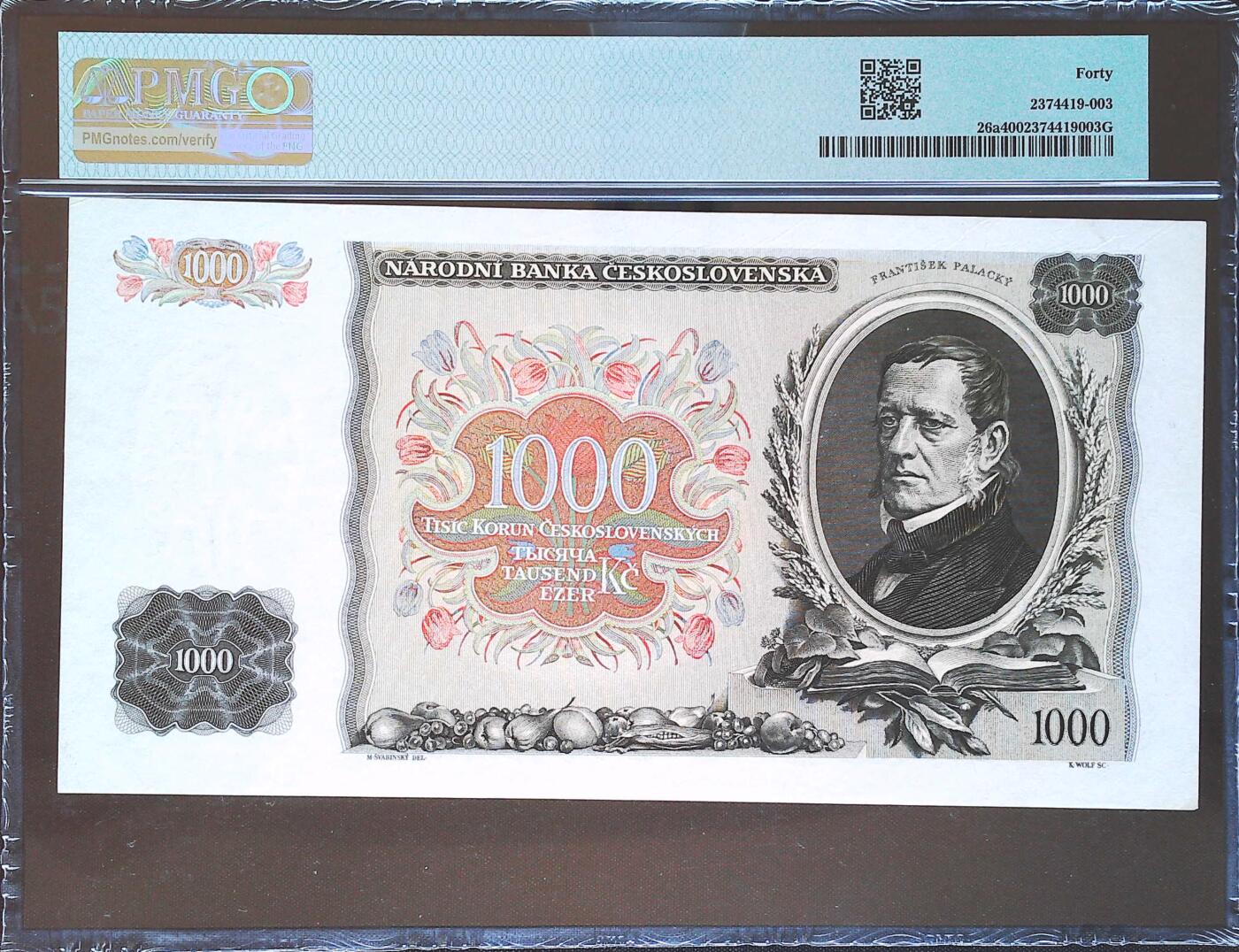 世界靓号纸钞第七十九期 1940年捷克斯洛伐克1000克朗 首发A冠 全程无47 PMG40