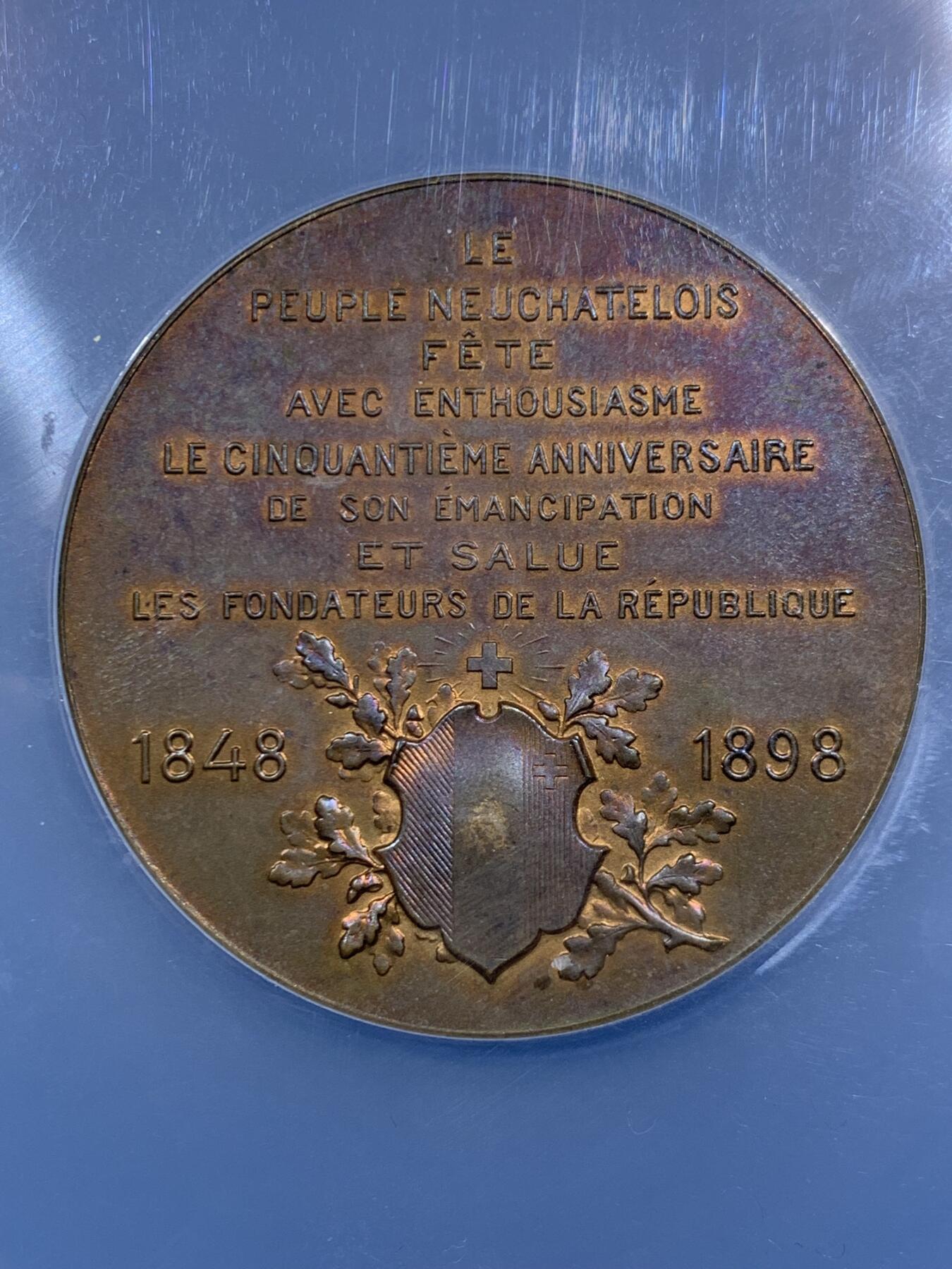 《竞宝斋》第452场 周日，周一 2场连拍 （全场包邮，欢迎送拍） NGC MS63 瑞士1898年纳沙泰尔纪念脱离普鲁士加入瑞士50周年铜章 大盒封装