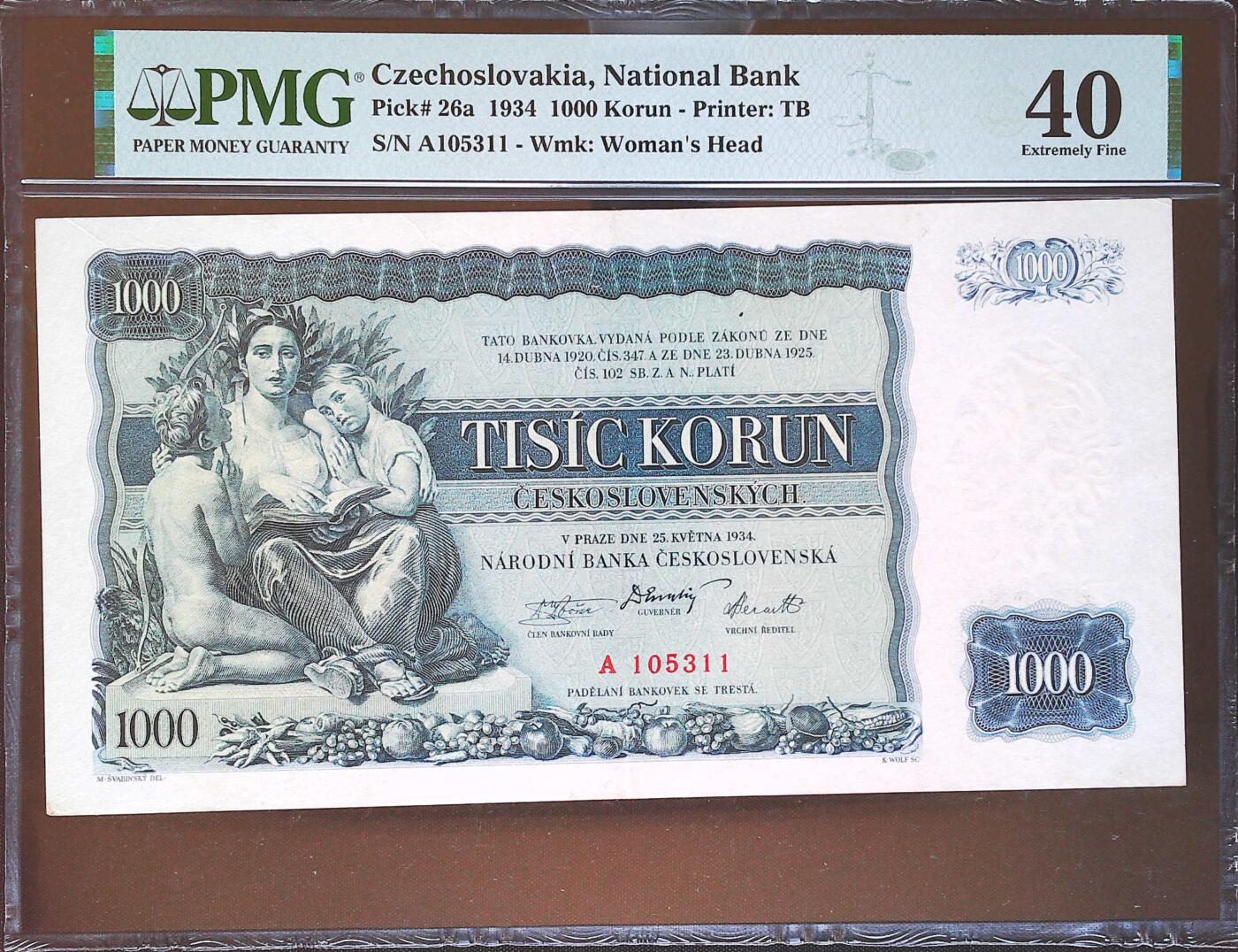 世界靓号纸钞第七十九期 1940年捷克斯洛伐克1000克朗 首发A冠 全程无47 PMG40