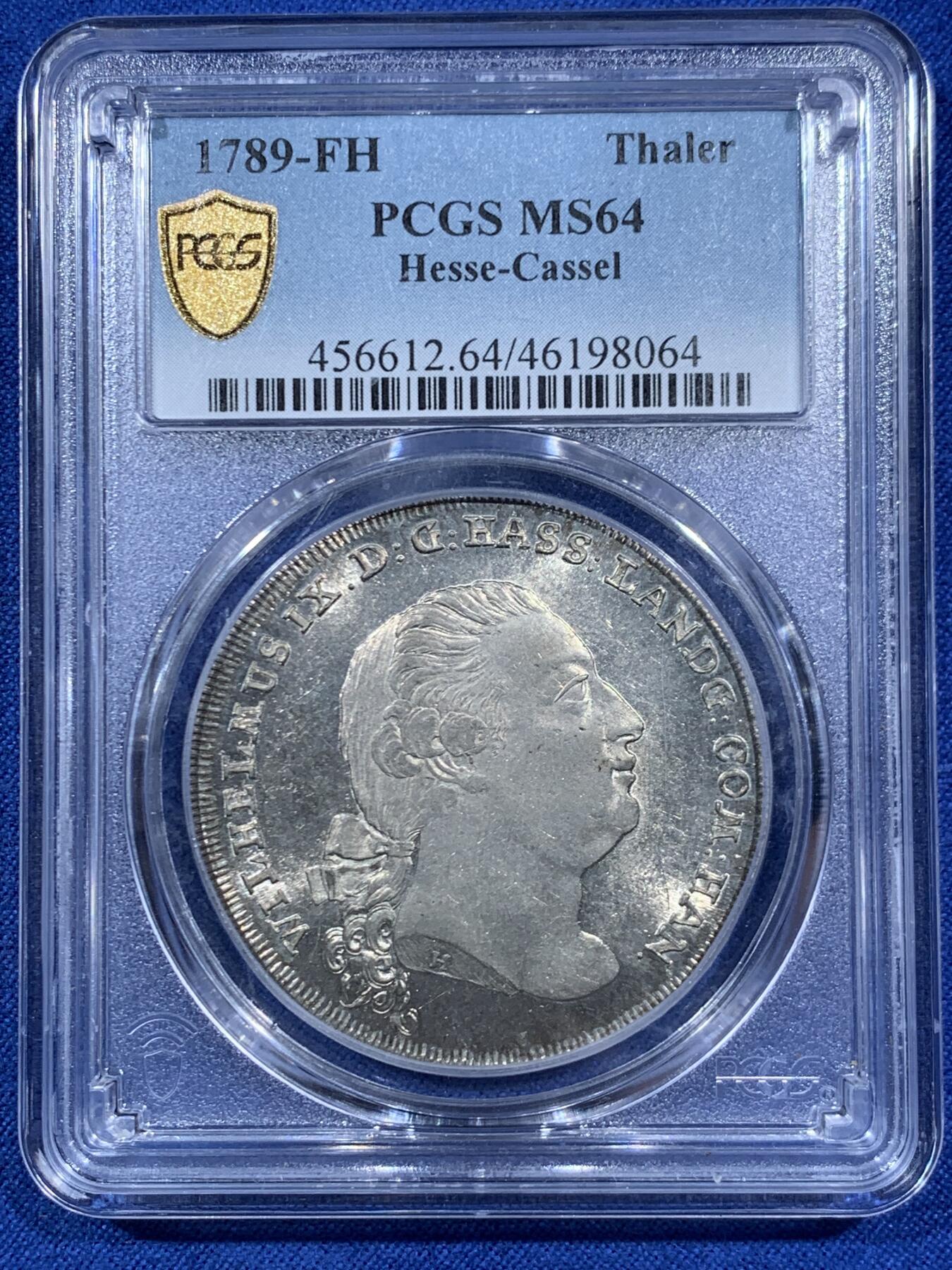 《竞宝斋》第452场 周日，周一 2场连拍 （全场包邮，欢迎送拍） 冠军分 PCGS MS64 德国 1789  黑森-卡塞尔 泰勒大银币 PL底板 丝滑感受 这个状态已无所求