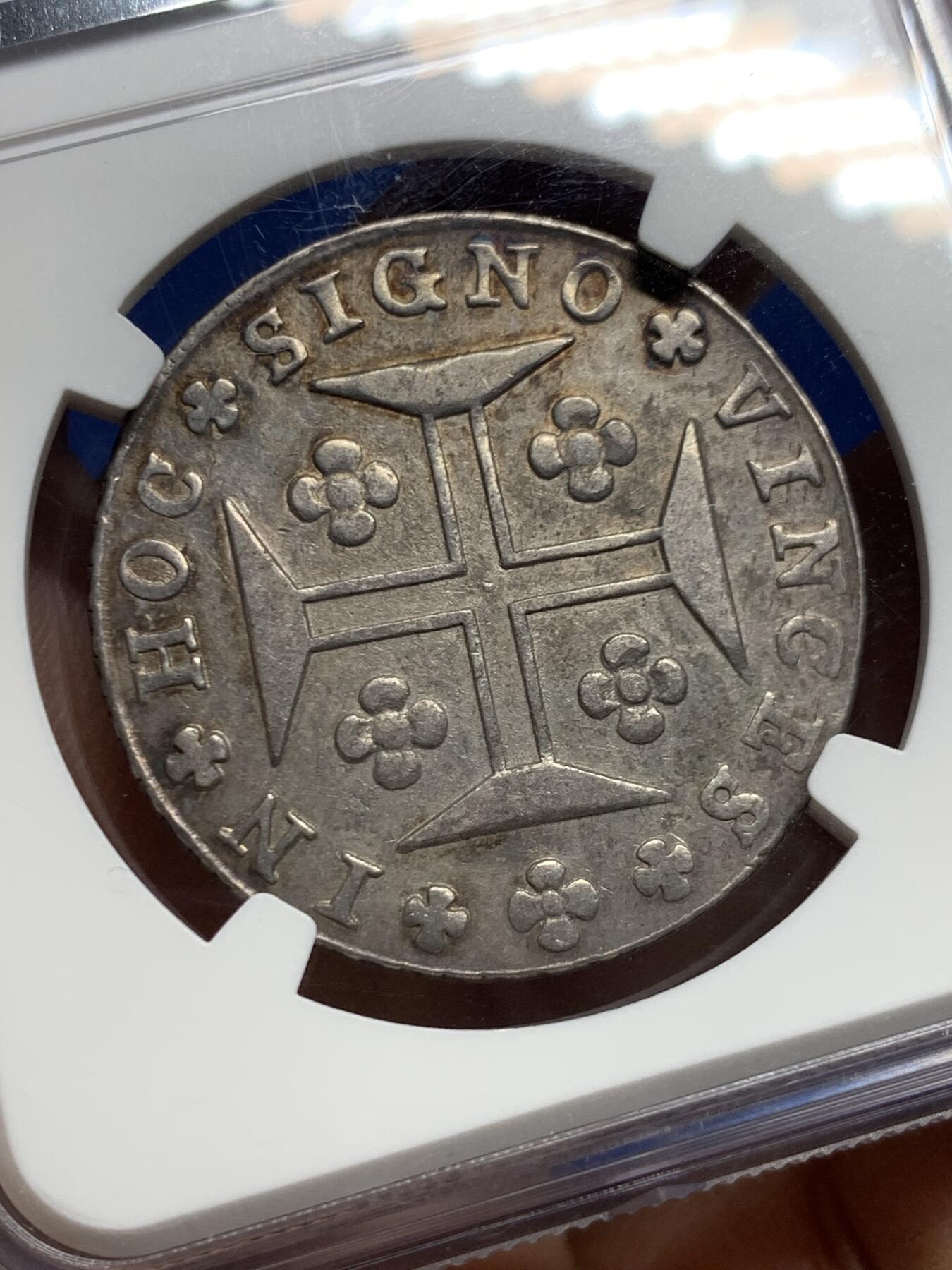 《竞宝斋》第452场 周日，周一 2场连拍 （全场包邮，欢迎送拍） NGC AUD 葡萄牙1815若昂六世400瑞斯银币，灰色老包浆，看不出清洗痕迹，应该是错杀，这款币这种深打状态很难得