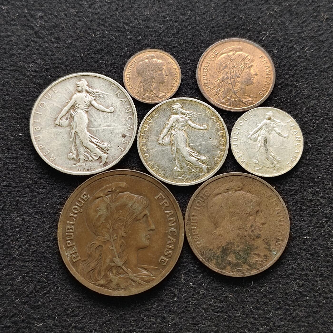 【全场包邮】纯粹捡漏拍491场（免费代拍第28场） 法国1902-1918年女神版7枚全套（早期未发行5法郎）-含3枚银币（共计17.5克）