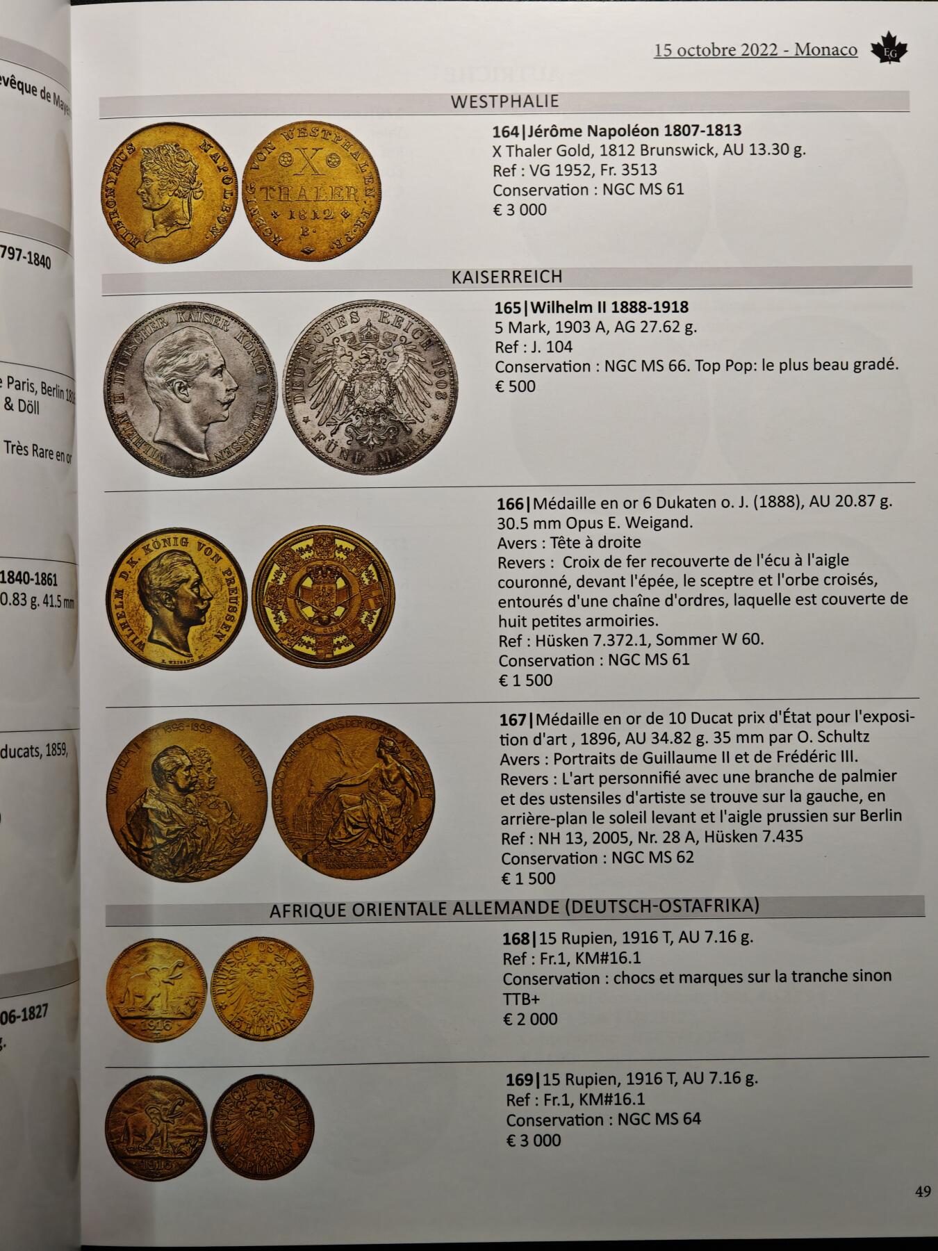 【德藏】世界币章拍卖第159期(元旦专场拍卖) 2022年 MONACO钱币拍卖会图录 全彩铜板纸印刷 全书约224页