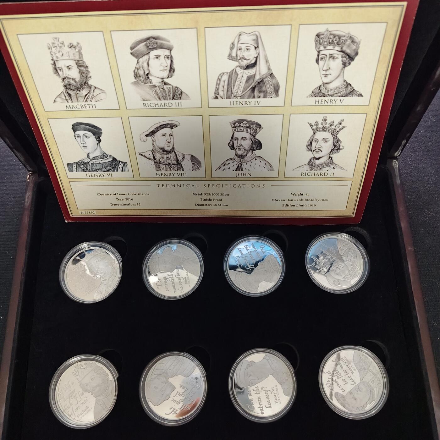 【全场包邮】纯粹捡漏拍491场（免费代拍第28场） 【稀少】库克群岛2016年2元莎士比亚笔下的国王们精制（38.61毫米8克）纪念银币8枚全套（共计64克）-盒证全-量1616