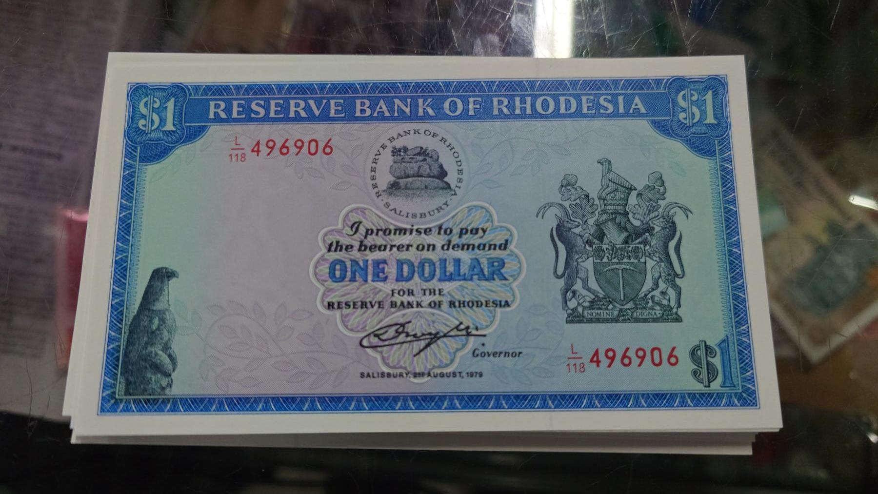 【新年二拍】世界钱币～微拍第223期暨2025年第63期  裸钞专场超低起拍 欢迎参与 1979年罗德西亚1元 全新绝品尾号906