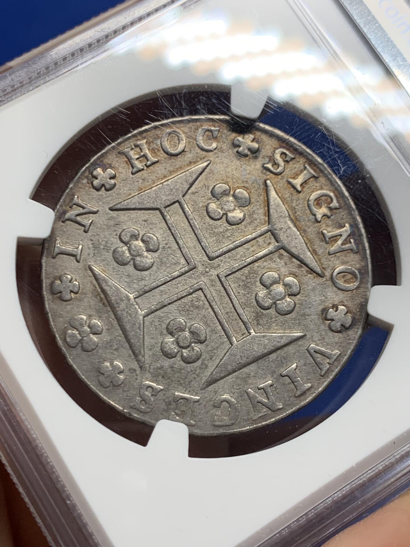 《竞宝斋》第452场 周日，周一 2场连拍 （全场包邮，欢迎送拍） NGC AUD 葡萄牙1815若昂六世400瑞斯银币，灰色老包浆，看不出清洗痕迹，应该是错杀，这款币这种深打状态很难得