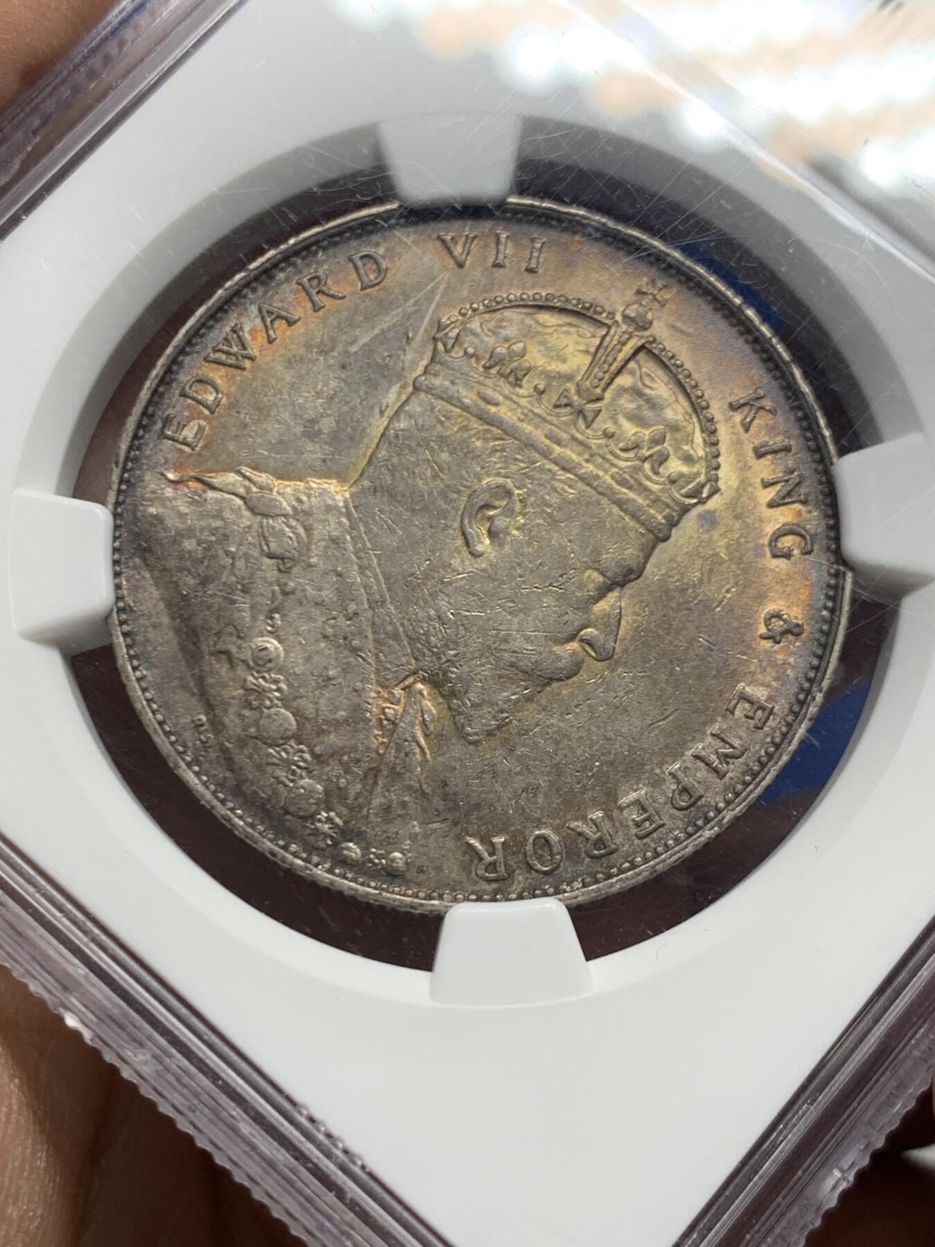 《竞宝斋》第452场 周日，周一 2场连拍 （全场包邮，欢迎送拍） NGC AU55 英属海峡  1907年 爱七 壹圆银币 漂亮包浆 收藏之选