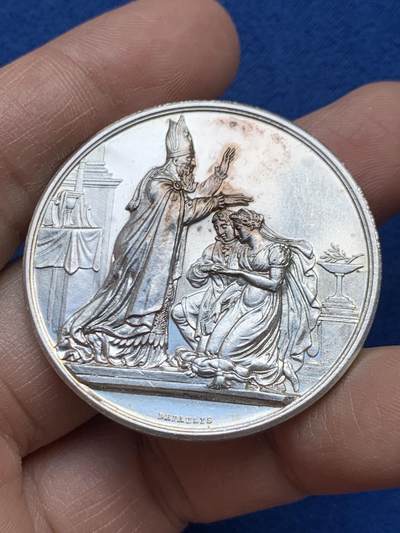 《竞宝斋》第452场 周日，周一 2场连拍 （全场包邮，欢迎送拍） - 法国1890年结婚纪念银章 大版 41.5MM 32g 丰饶角边铭