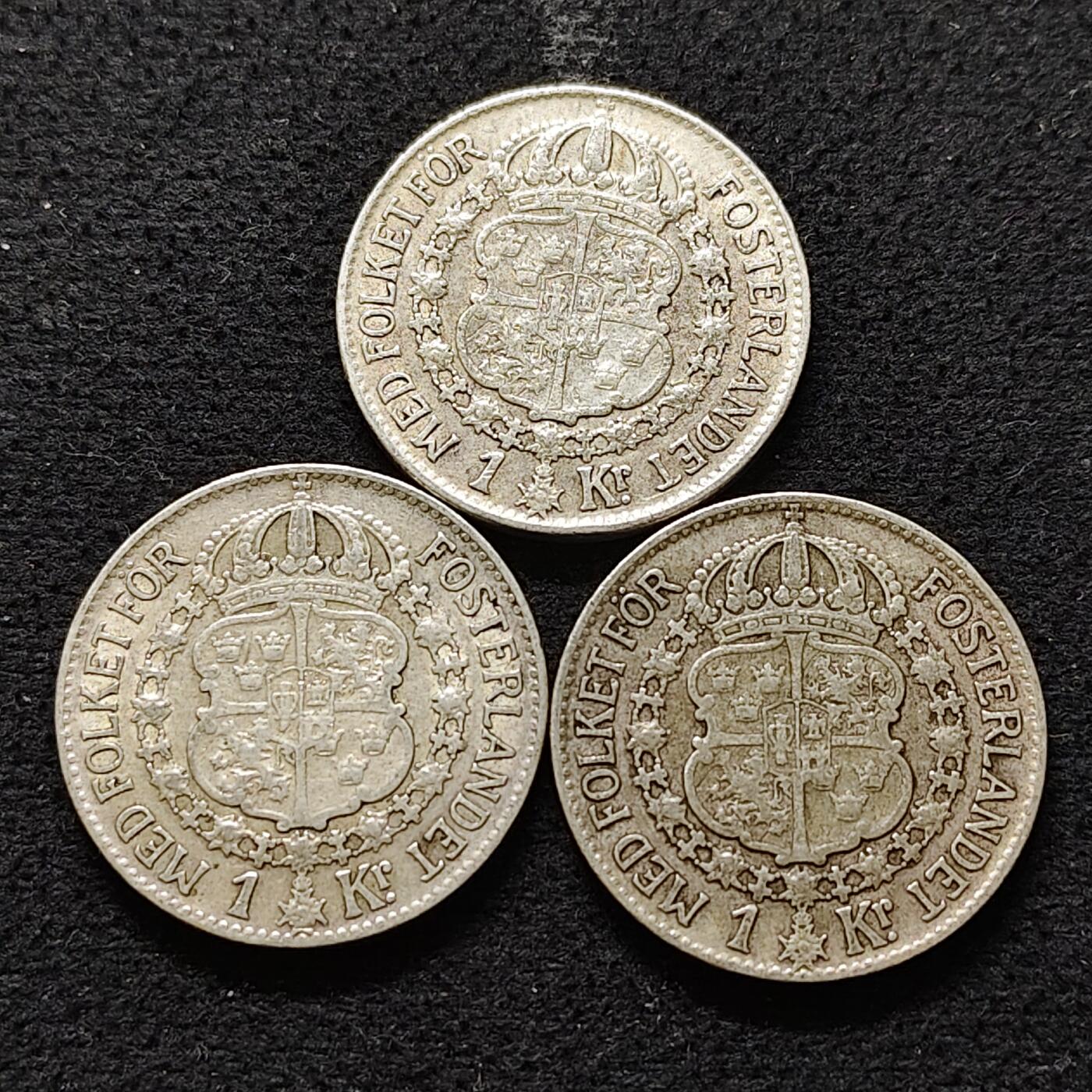 【全场包邮】纯粹捡漏拍491场（免费代拍第28场） 瑞典1940年古斯塔夫五世1克朗（31毫米15克）银币3枚一组（共计45克）