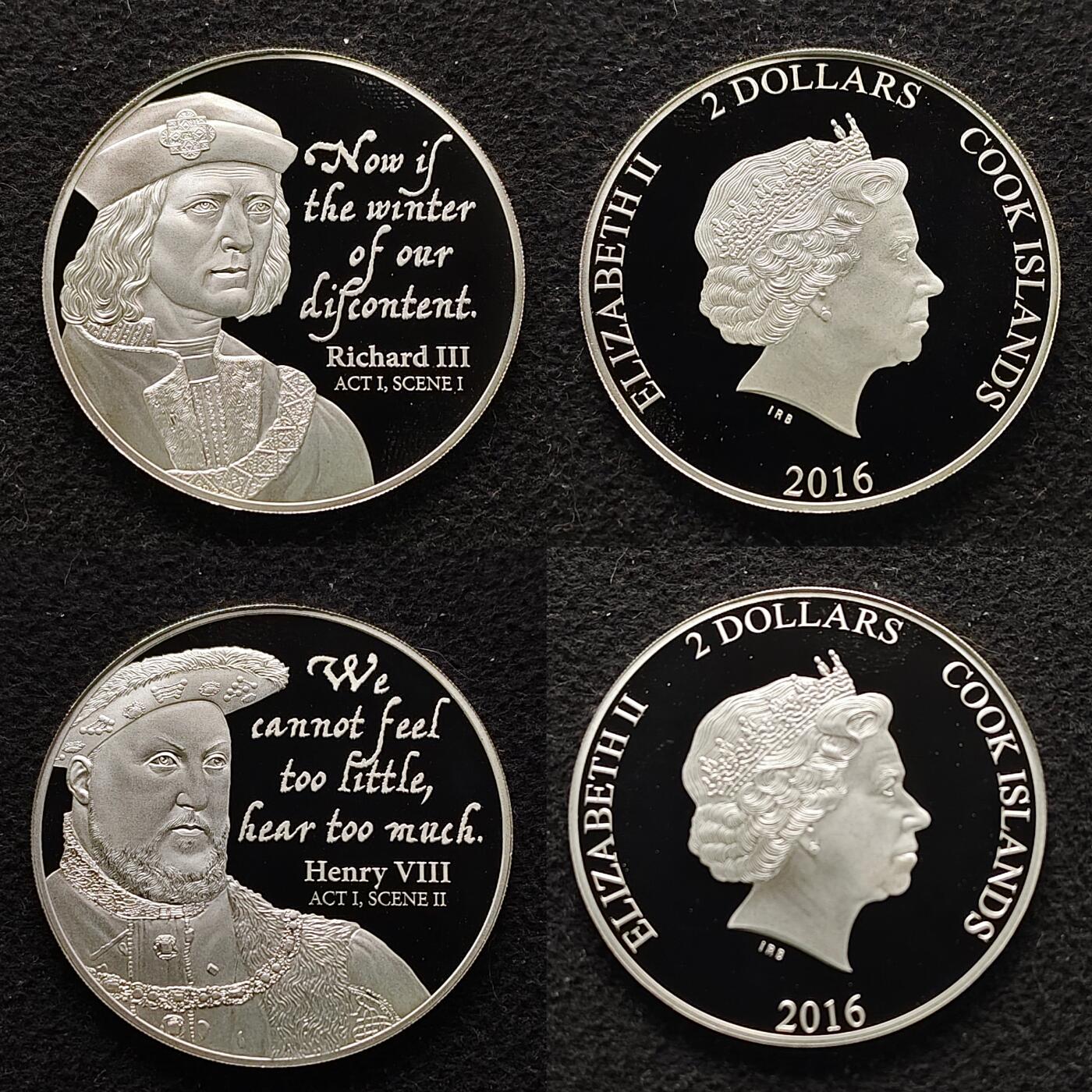 【全场包邮】纯粹捡漏拍491场（免费代拍第28场） 【稀少】库克群岛2016年2元莎士比亚笔下的国王们精制（38.61毫米8克）纪念银币8枚全套（共计64克）-盒证全-量1616
