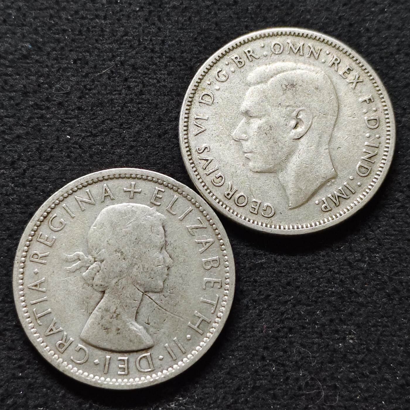 【全场包邮】纯粹捡漏拍491场（免费代拍第28场） 澳大利亚1946/1954年乔治六世/女王1佛罗林（28.6毫米11.3克/28.5毫米11.2克）银币2枚一组（共计22.5克）