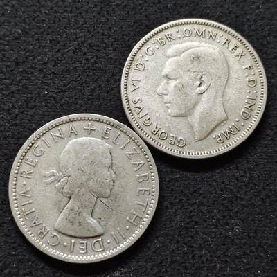 【全场包邮】纯粹捡漏拍491场（免费代拍第28场） - 澳大利亚1946/1954年乔治六世/女王1佛罗林（28.6毫米11.3克/28.5毫米11.2克）银币2枚一组（共计22.5克）