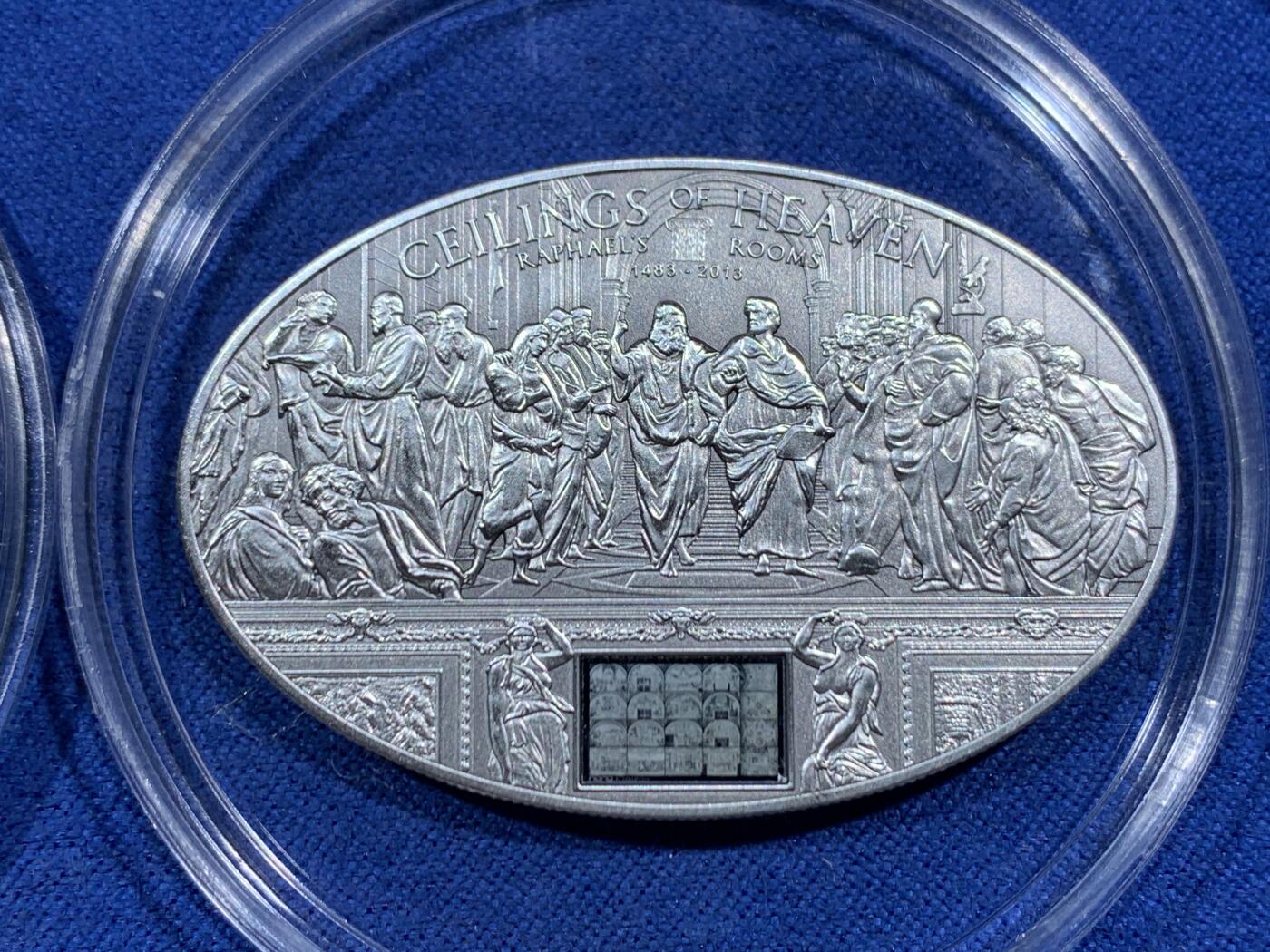 《竞宝斋》第452场 周日，周一 2场连拍 （全场包邮，欢迎送拍） 三枚一组 2012-2014年纳米宗教银币 库克群岛伊丽莎白二世5元 999银 2012年西斯廷教堂（24.8克）+ 2013年拉斐尔（25克）+ 2014年佛罗伦萨大教堂（25.2克），中间图案需要用超级放大镜看