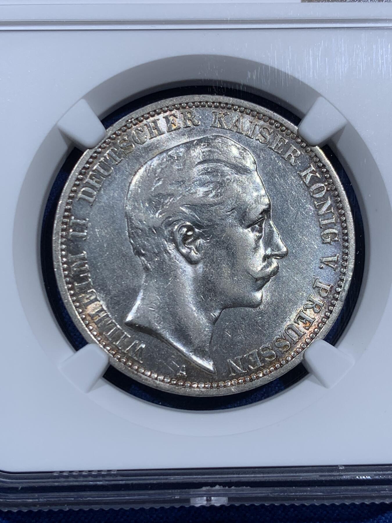 《竞宝斋》第452场 周日，周一 2场连拍 （全场包邮，欢迎送拍） NGC AUD 德国1912年普鲁士威廉二世3马克银币