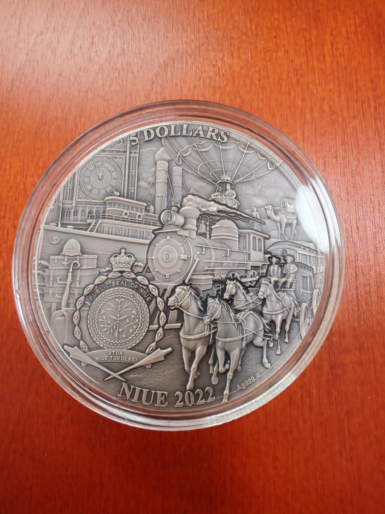 长老汇蛇年精选第八十九场拍卖 2022纽埃环球旅行80天（凡尔纳同名科幻名著）5元彩色仿古银币，盒证全，3盎司999银，500枚