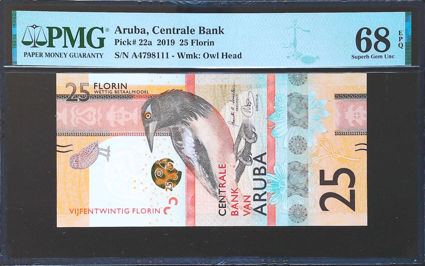 世界靓号纸钞第七十九期 2019年阿鲁巴25弗洛林 豹子号111 PMG68 超高分 非常精美的一张钞