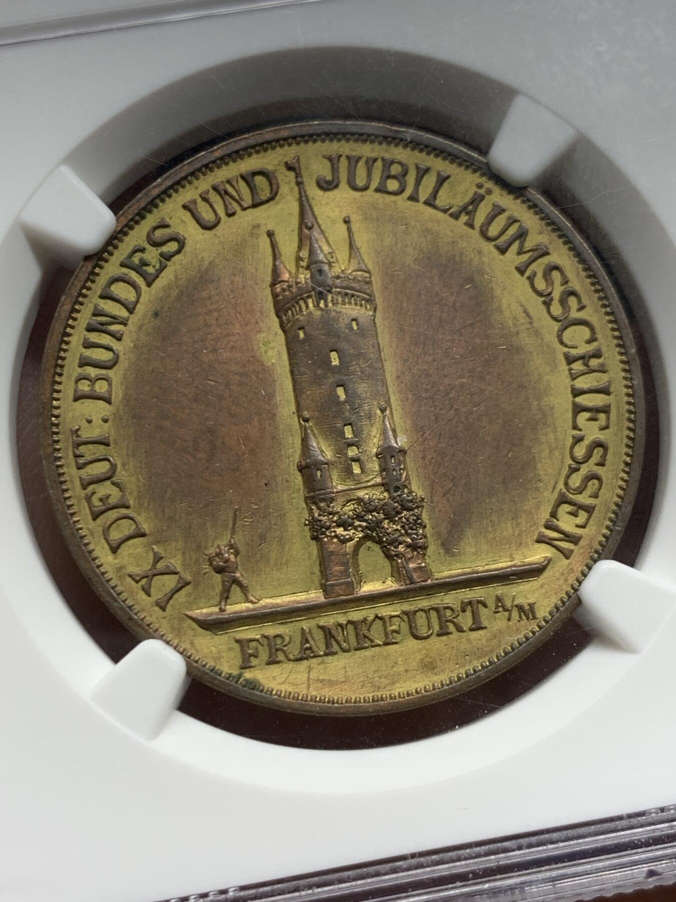 《竞宝斋》第452场 周日，周一 2场连拍 （全场包邮，欢迎送拍） NGC MS61 德国 1887年 法兰克福射击节镀金铜章 德联邦射击节名品 高浮雕 背面设计极其精美 与同款银章正面同设计