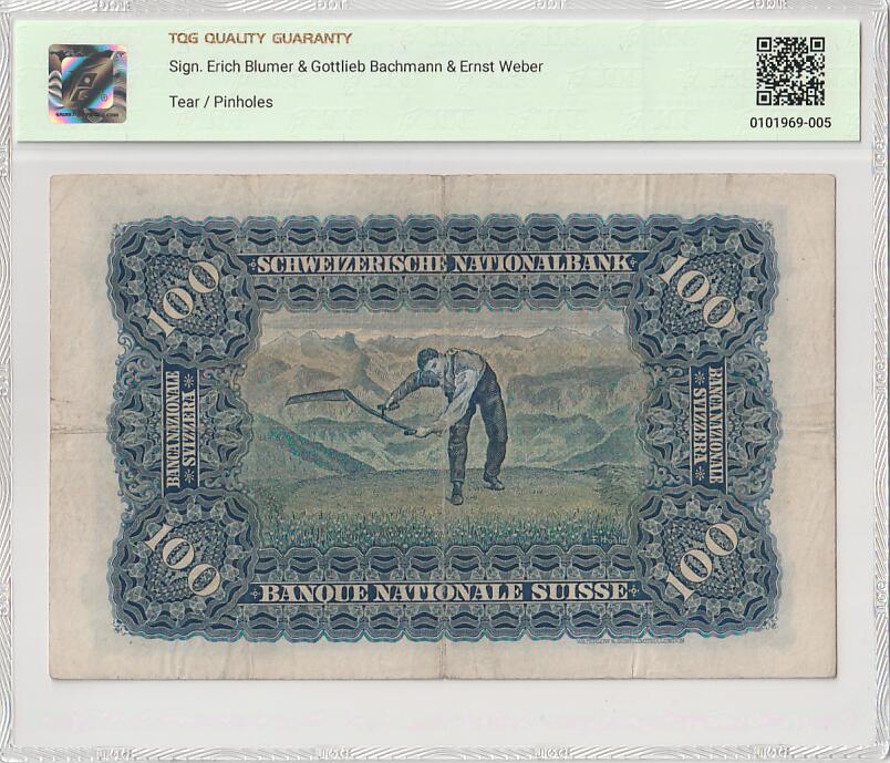 2026首期，总第211期 瑞士1944年100法郎TQG25分，经典的早期割麦图