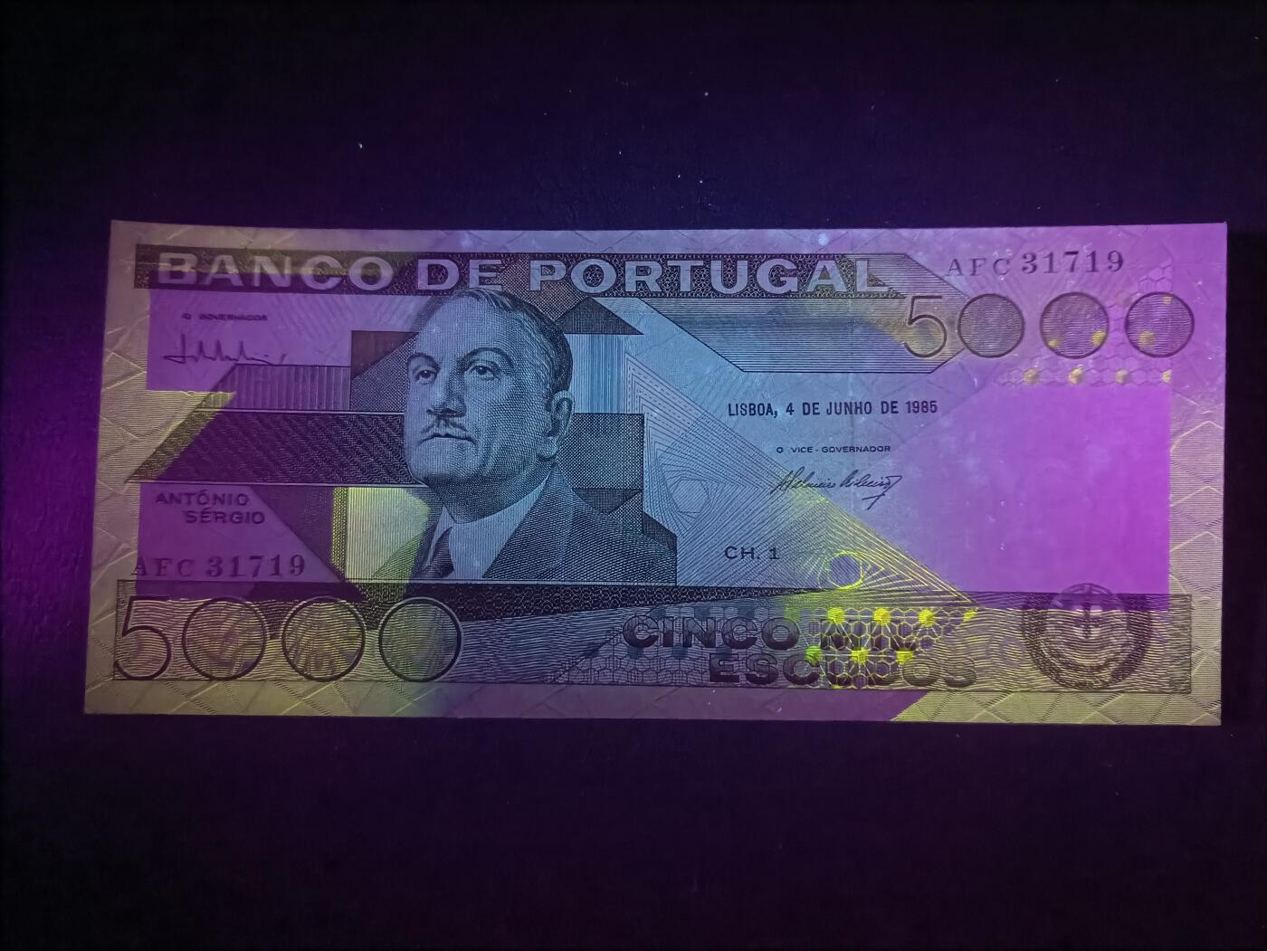 2026首期，总第211期 葡萄牙1985年5000艾斯库多UNC-，哲学家安东尼奥.苏萨，此序列最高面值