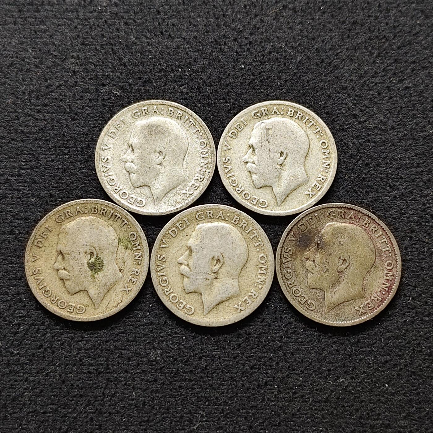 【全场包邮】纯粹捡漏拍490场（免费代拍第27场） 英国乔治五世各年份低银（500银）6便士银币5枚一组-单枚2.83克合计14.15克