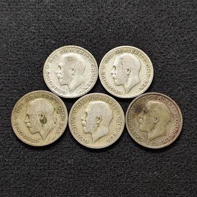 【全场包邮】纯粹捡漏拍490场（免费代拍第27场） - 英国乔治五世各年份低银（500银）6便士银币5枚一组-单枚2.83克合计14.15克