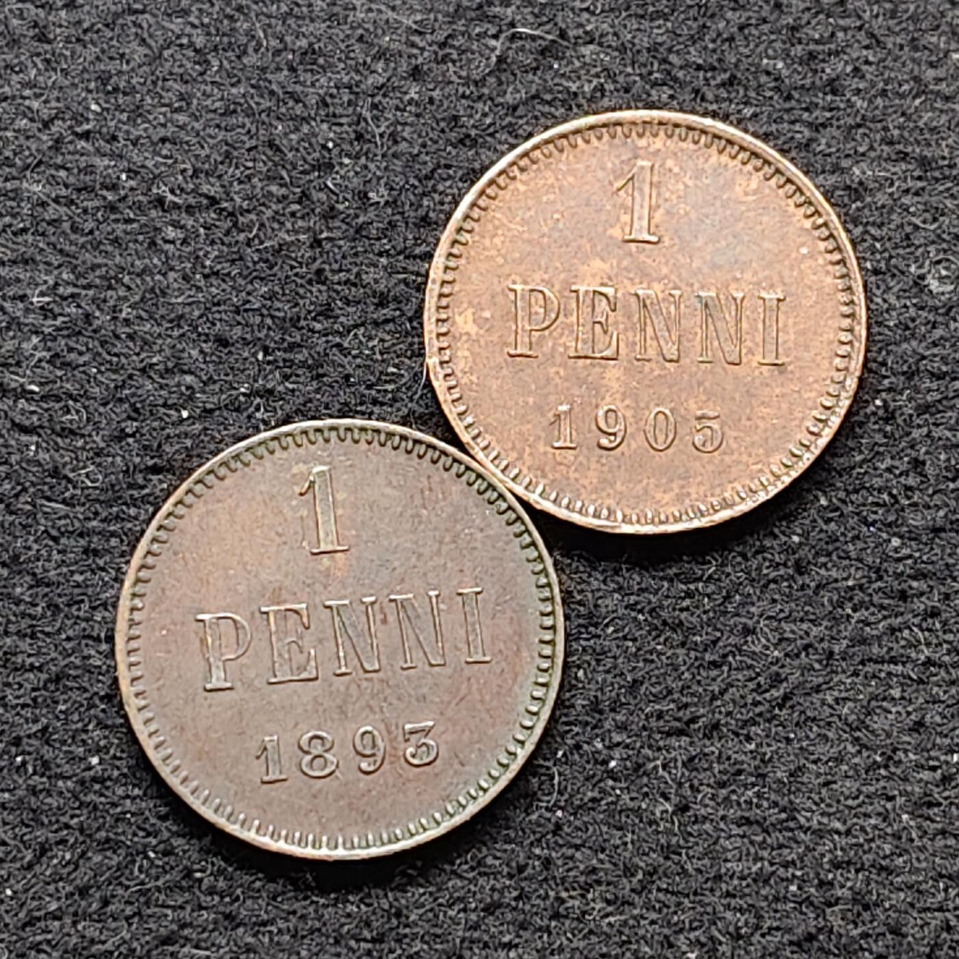 【全场包邮】纯粹捡漏拍490场（免费代拍第27场） 俄占芬兰1893年亚历山大三世+1905年尼古拉二世1盆尼不同版本2枚一组