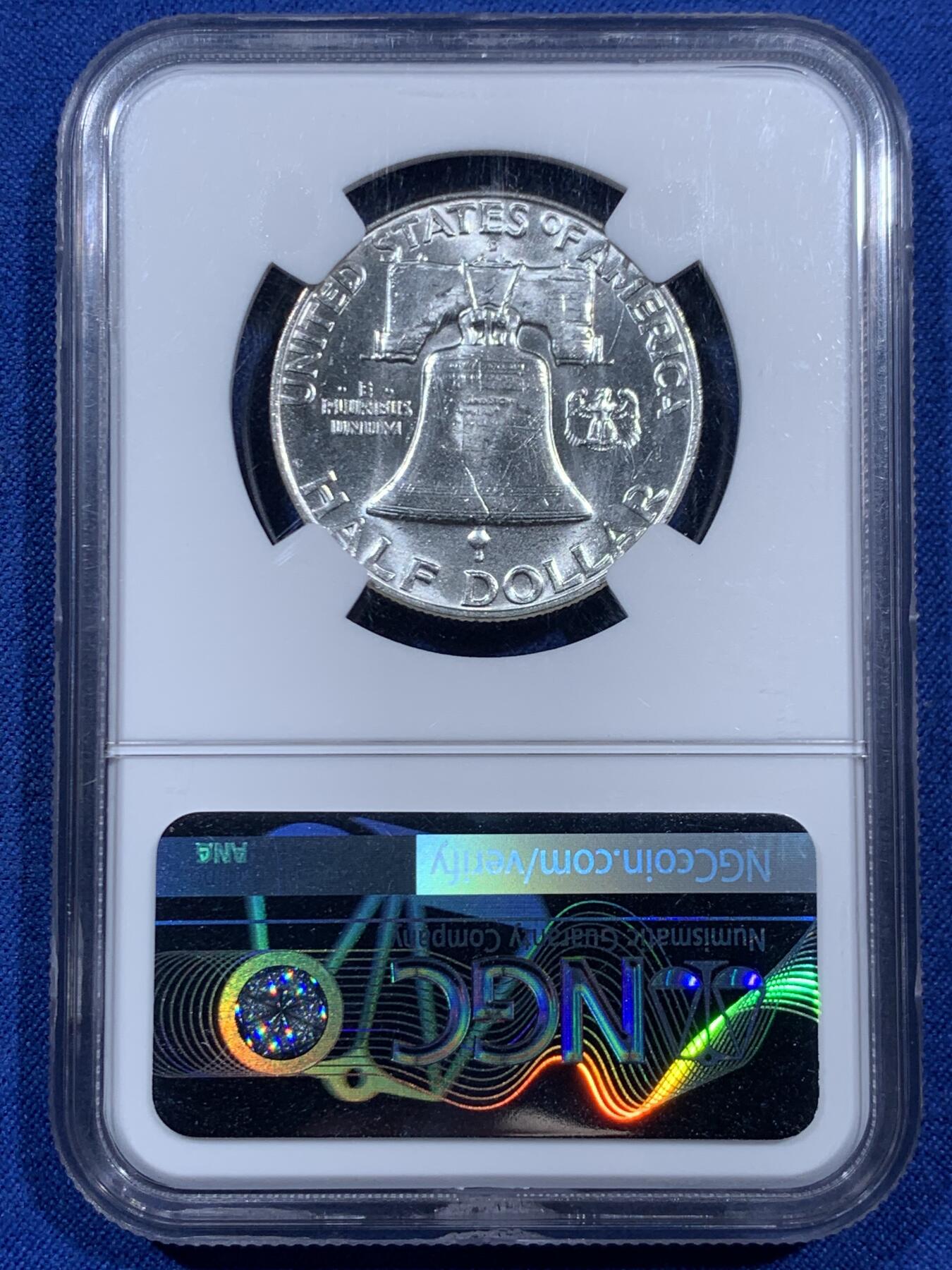 《竞宝斋》第452场 周日，周一 2场连拍 （全场包邮，欢迎送拍） NGC MS64 美国1957年富兰克林D版 50美分银币 满银光好品（同年美国发行最后一版银币劵）