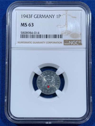 《竞宝斋》第452场 周日，周一 2场连拍 （全场包邮，欢迎送拍） - NGC MS63 德国 1943年 特殊时期 1芬尼锌币