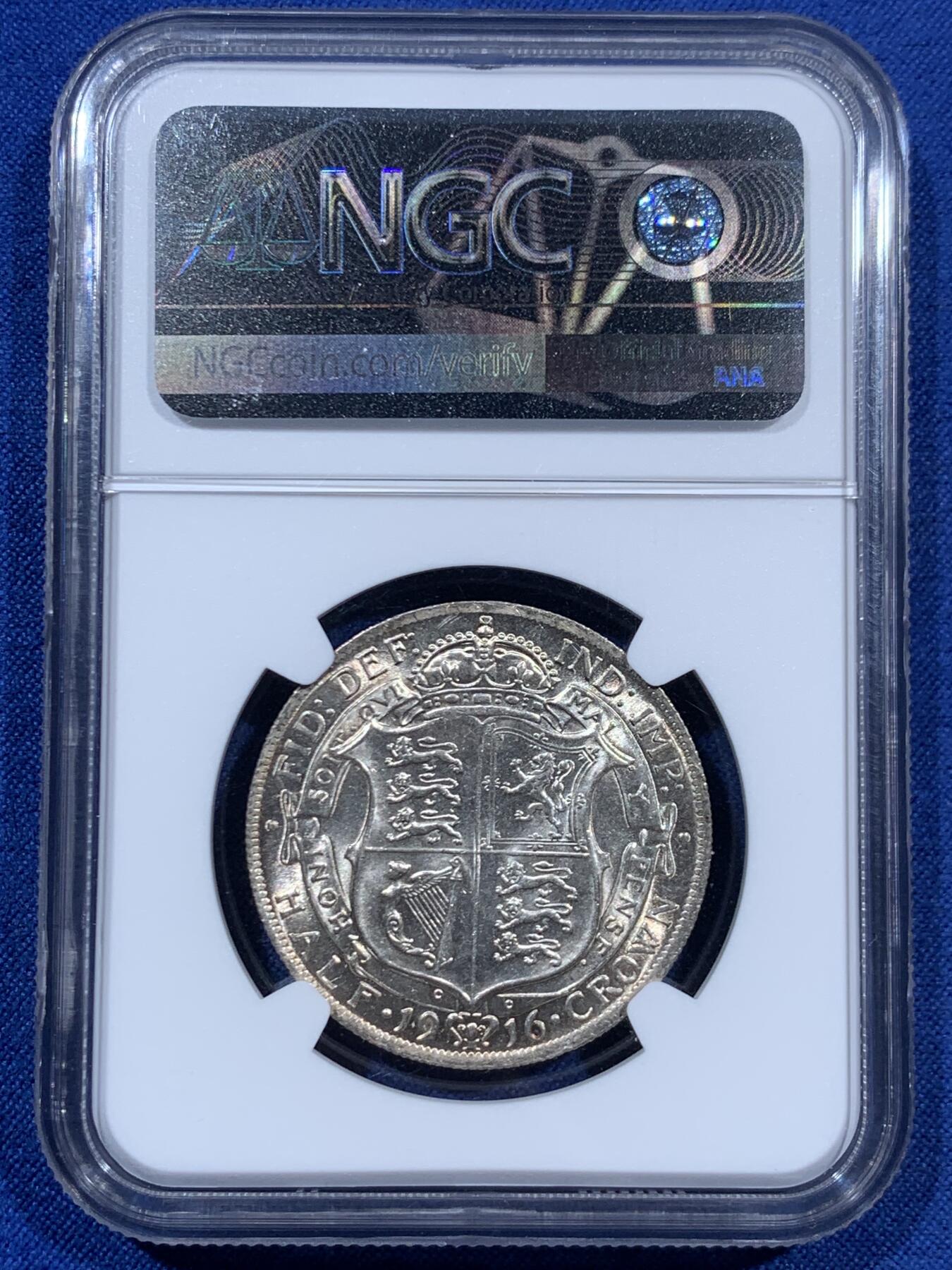 《竞宝斋》第452场 周日，周一 2场连拍 （全场包邮，欢迎送拍） NGC MS64 英国1916年乔五半克朗银币 925高银版本