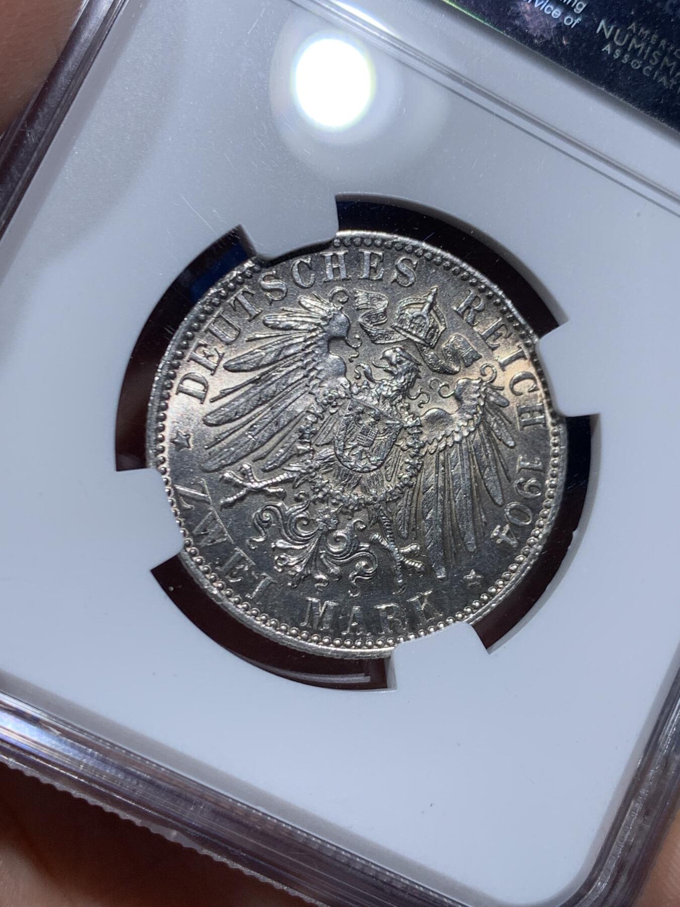 《竞宝斋》第452场 周日，周一 2场连拍 （全场包邮，欢迎送拍） NGC MS64 德国 1904年 不莱梅长翅2马克银币，少见自由市马克