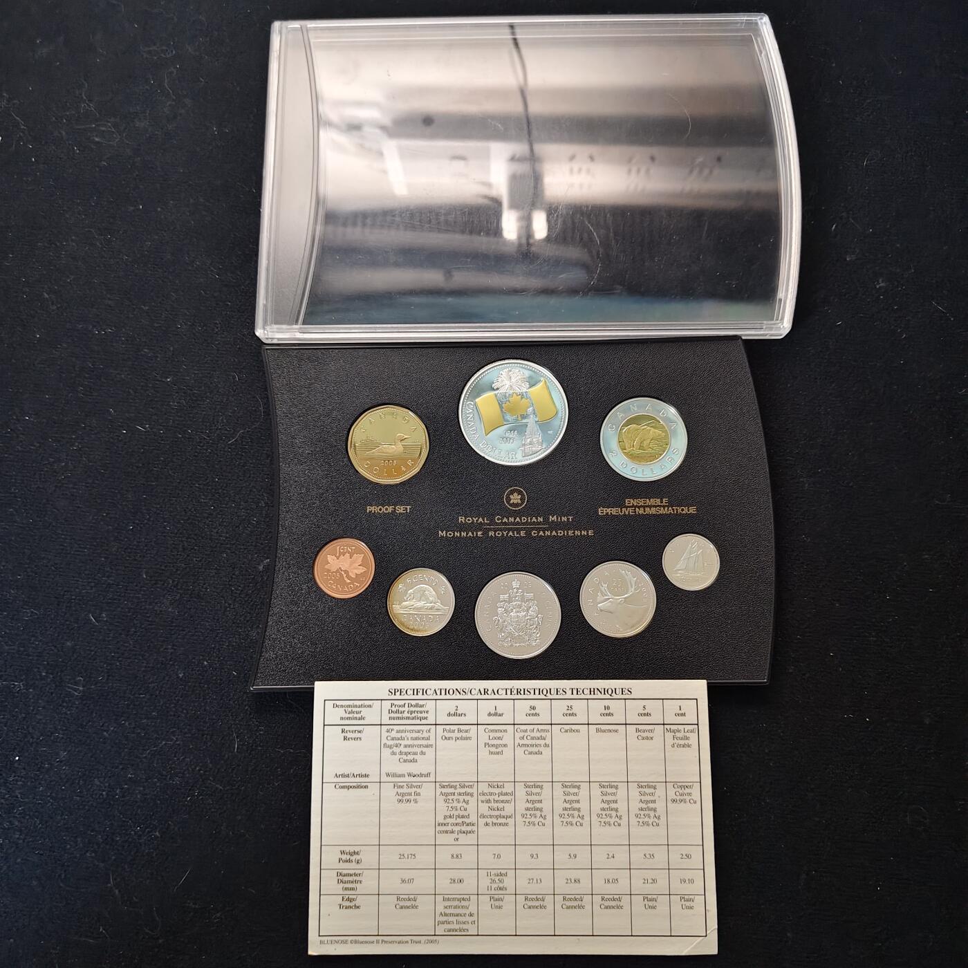 【全场包邮】纯粹捡漏拍491场（免费代拍第28场） 加拿大2005年国旗确立40周年官方精制套币-含1元国旗彩色精制纪念银币-盒证全-共6枚银币（共计56.955克）