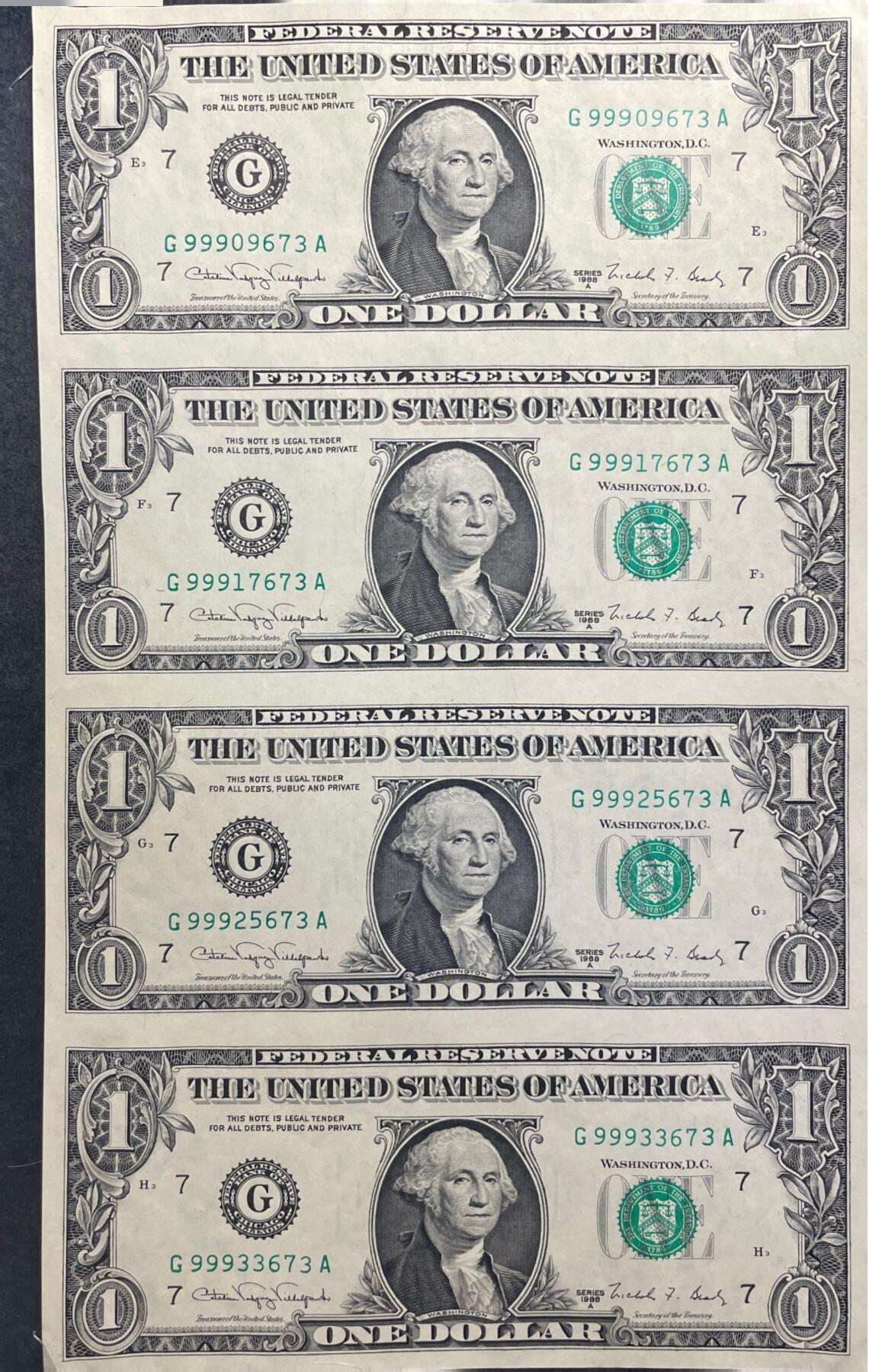 回流1228 美国1988年1美元四连钞 启始号999 连体钞