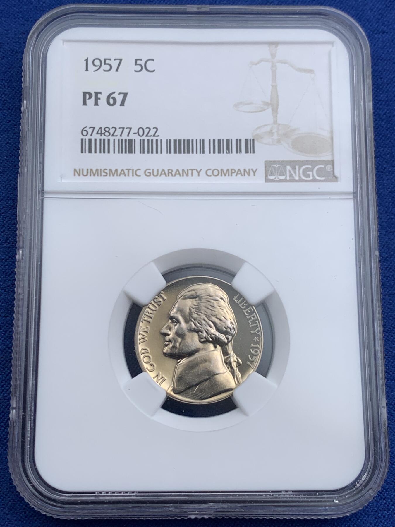《竞宝斋》第452场 周日，周一 2场连拍 （全场包邮，欢迎送拍） NGC PF67 美国1957年杰斐逊5分，少见50年代早期精制版本，67分超高分。