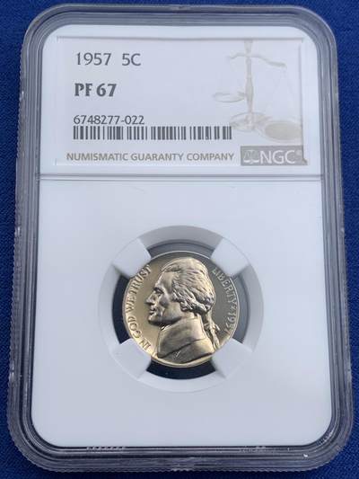 《竞宝斋》第452场 周日，周一 2场连拍 （全场包邮，欢迎送拍） - NGC PF67 美国1957年杰斐逊5分，少见50年代早期精制版本，67分超高分。