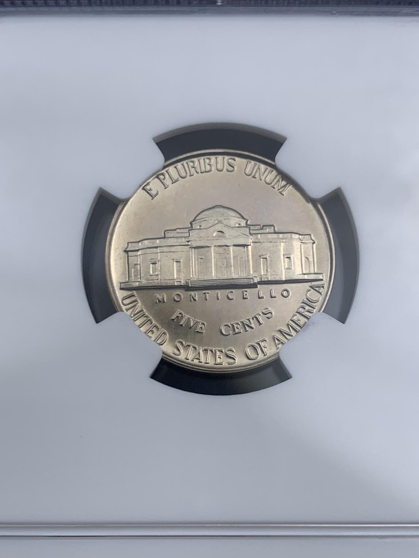 《竞宝斋》第452场 周日，周一 2场连拍 （全场包邮，欢迎送拍） NGC PF67 美国1957年杰斐逊5分，少见50年代早期精制版本，67分超高分。