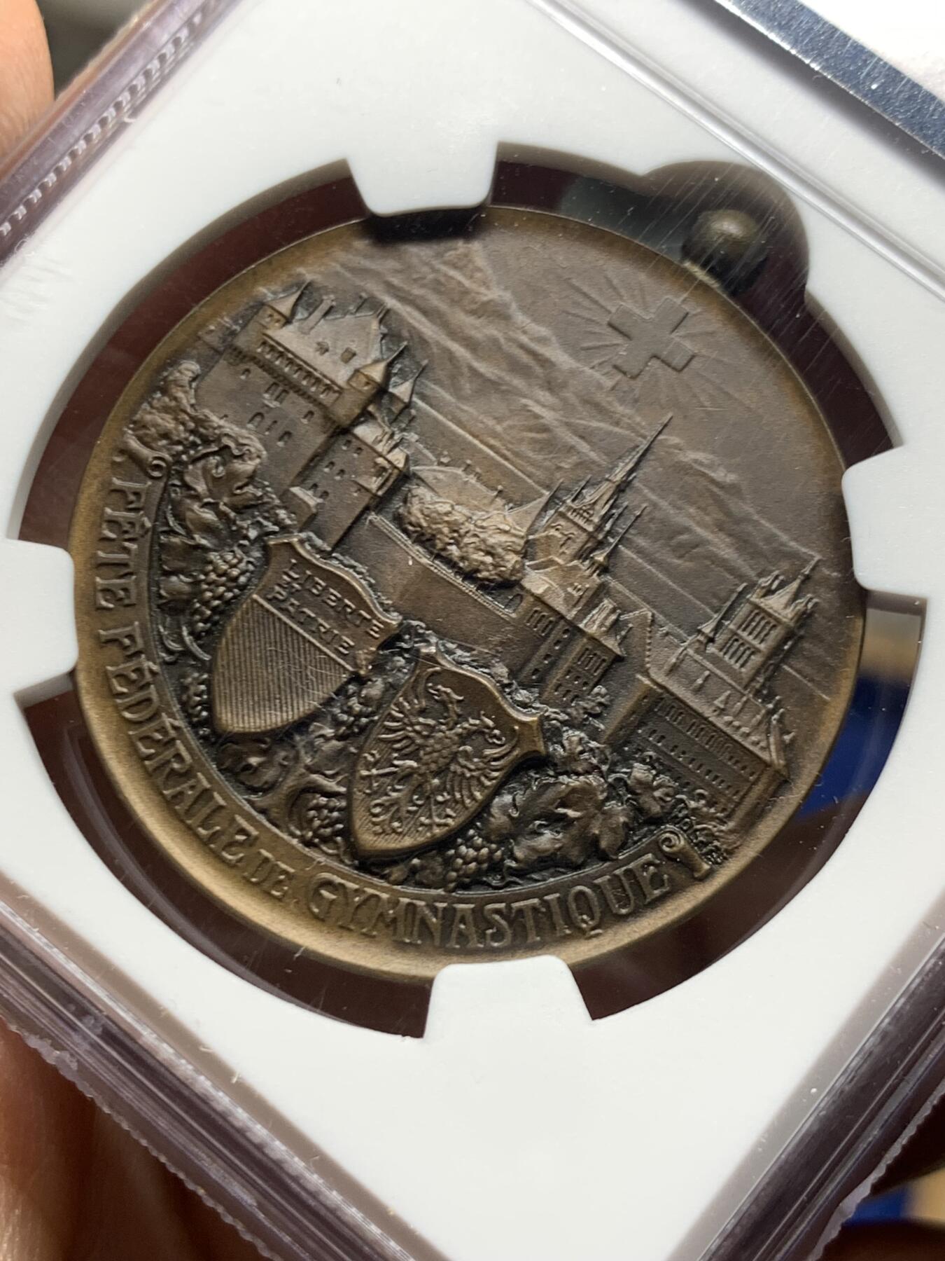 《竞宝斋》第452场 周日，周一 2场连拍 （全场包邮，欢迎送拍） NGC MS64BN 1909年 瑞士洛桑 城市景观铜章 超燃品相