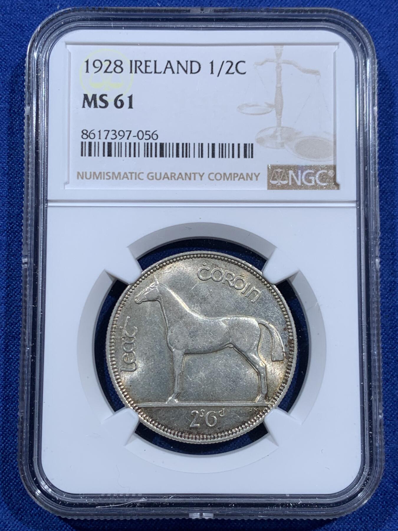 《竞宝斋》第452场 周日，周一 2场连拍 （全场包邮，欢迎送拍） NGC MS61 爱尔兰1928年半克朗银币，爱尔兰独立后首套铸币的最大面值银币