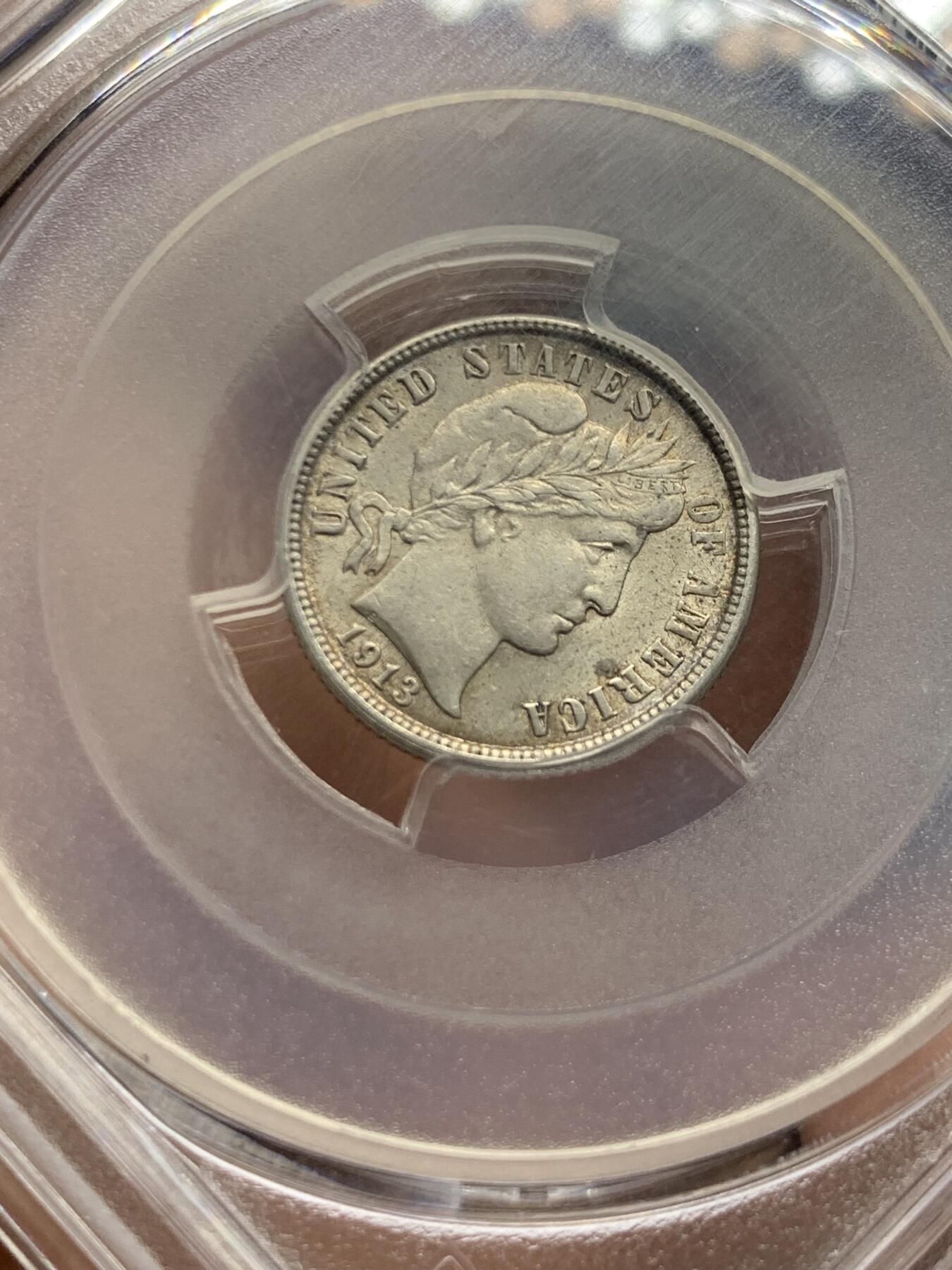 《竞宝斋》第452场 周日，周一 2场连拍 （全场包邮，欢迎送拍） PCGS AU55 美国1913年巴伯dime银币，小巧玲珑。转光和底板俱佳，性价比之选