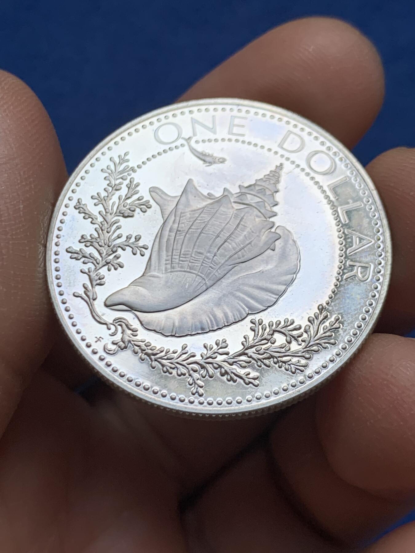 《竞宝斋》第452场 周日，周一 2场连拍 （全场包邮，欢迎送拍） 巴哈马1974年海螺1元精制银币 800银 18.3g