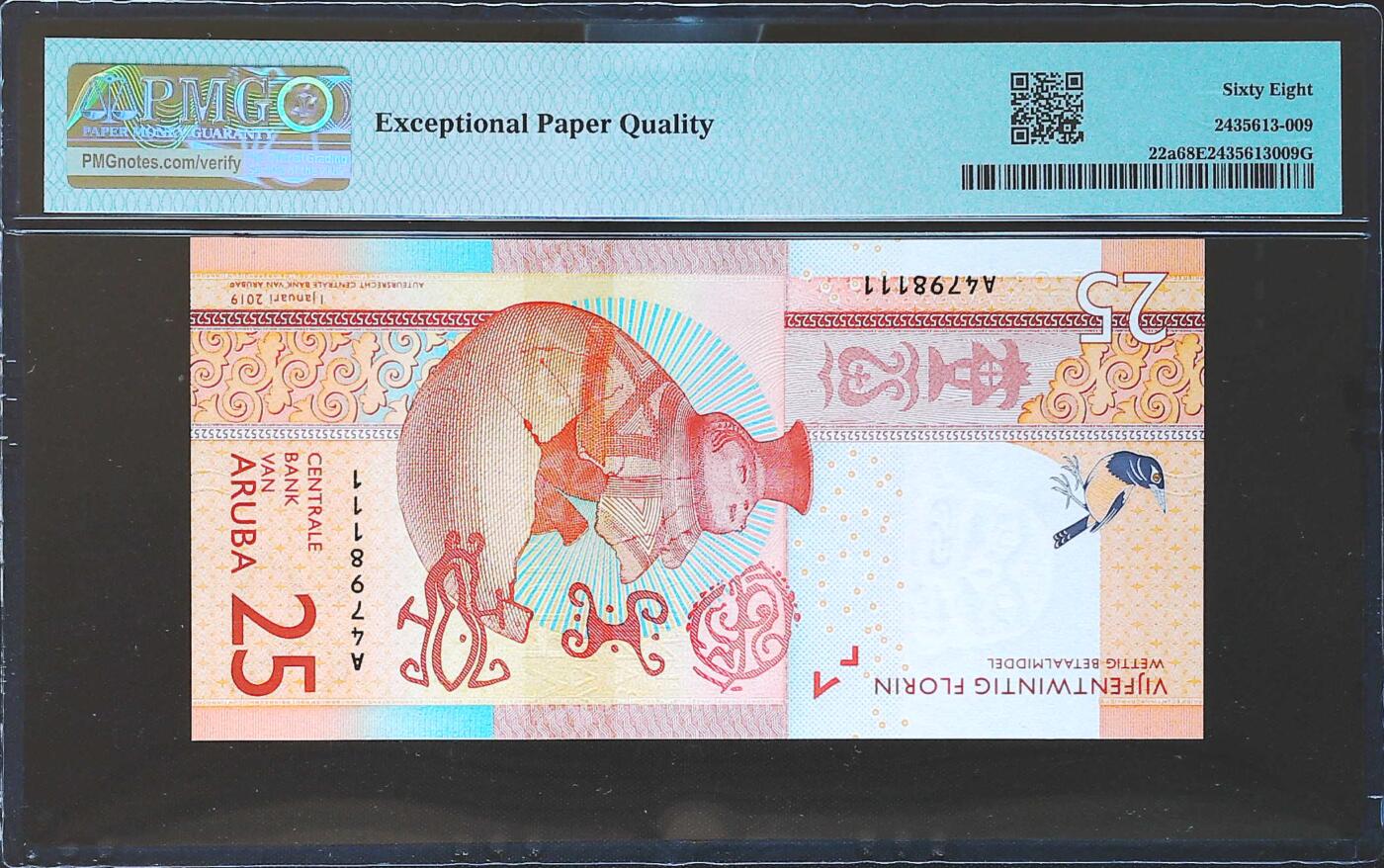 世界靓号纸钞第七十九期 2019年阿鲁巴25弗洛林 豹子号111 PMG68 超高分 非常精美的一张钞