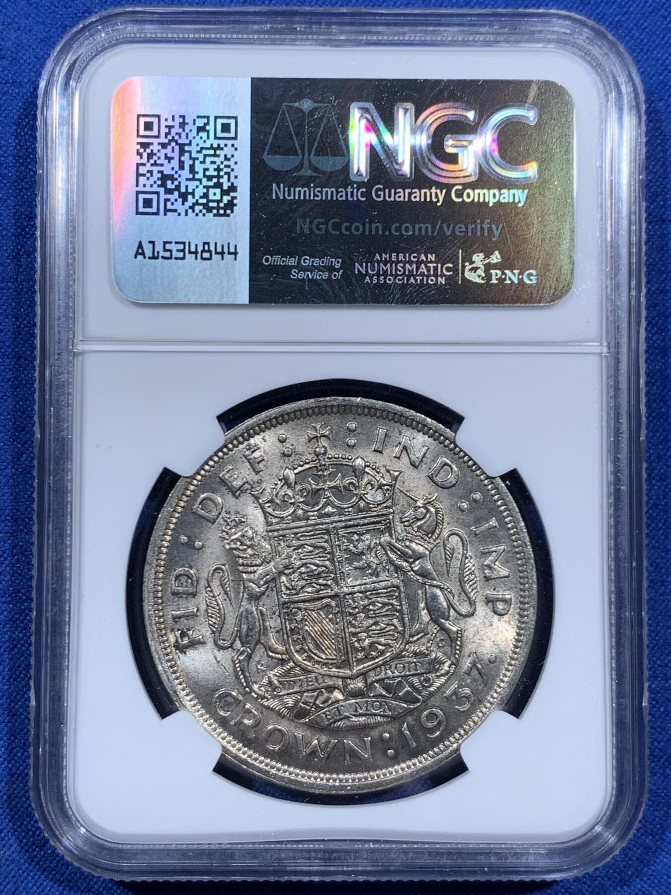 《竞宝斋》第452场 周日，周一 2场连拍 （全场包邮，欢迎送拍） NGC MS62 英国1937年乔治六世登基1克朗银币