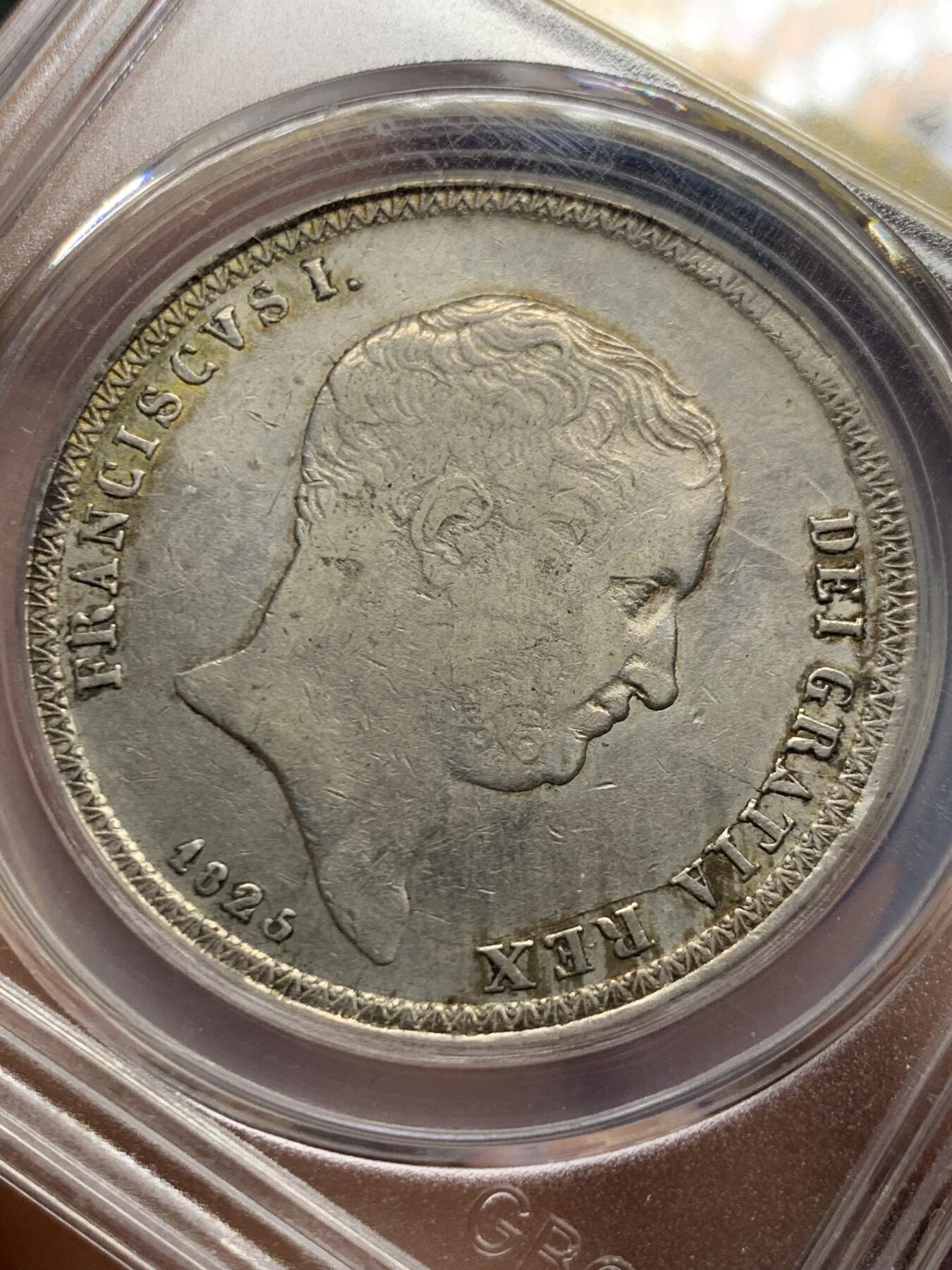 《竞宝斋》第452场 周日，周一 2场连拍 （全场包邮，欢迎送拍） 公博 AU50 意大利两西西里王国1825年弗朗西斯科一世120G银币，罕见币，意大利西西里+那不勒斯120GRANA银币