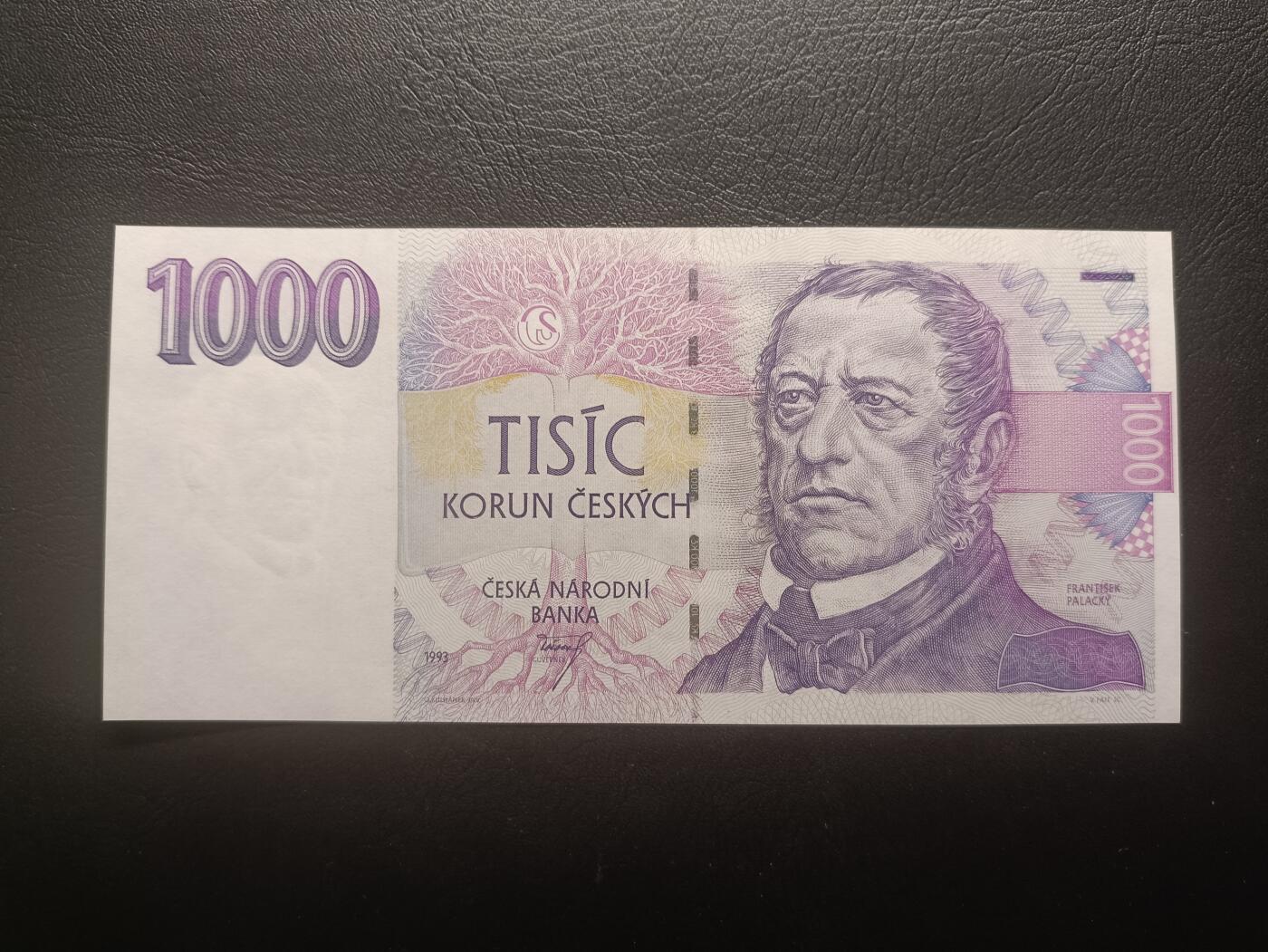 2026首期，总第211期 捷克1993年1000克朗AUNC，早期防伪版本首年份，历史学家帕拉斯基和波西米亚雄鹰下的中央银行大楼