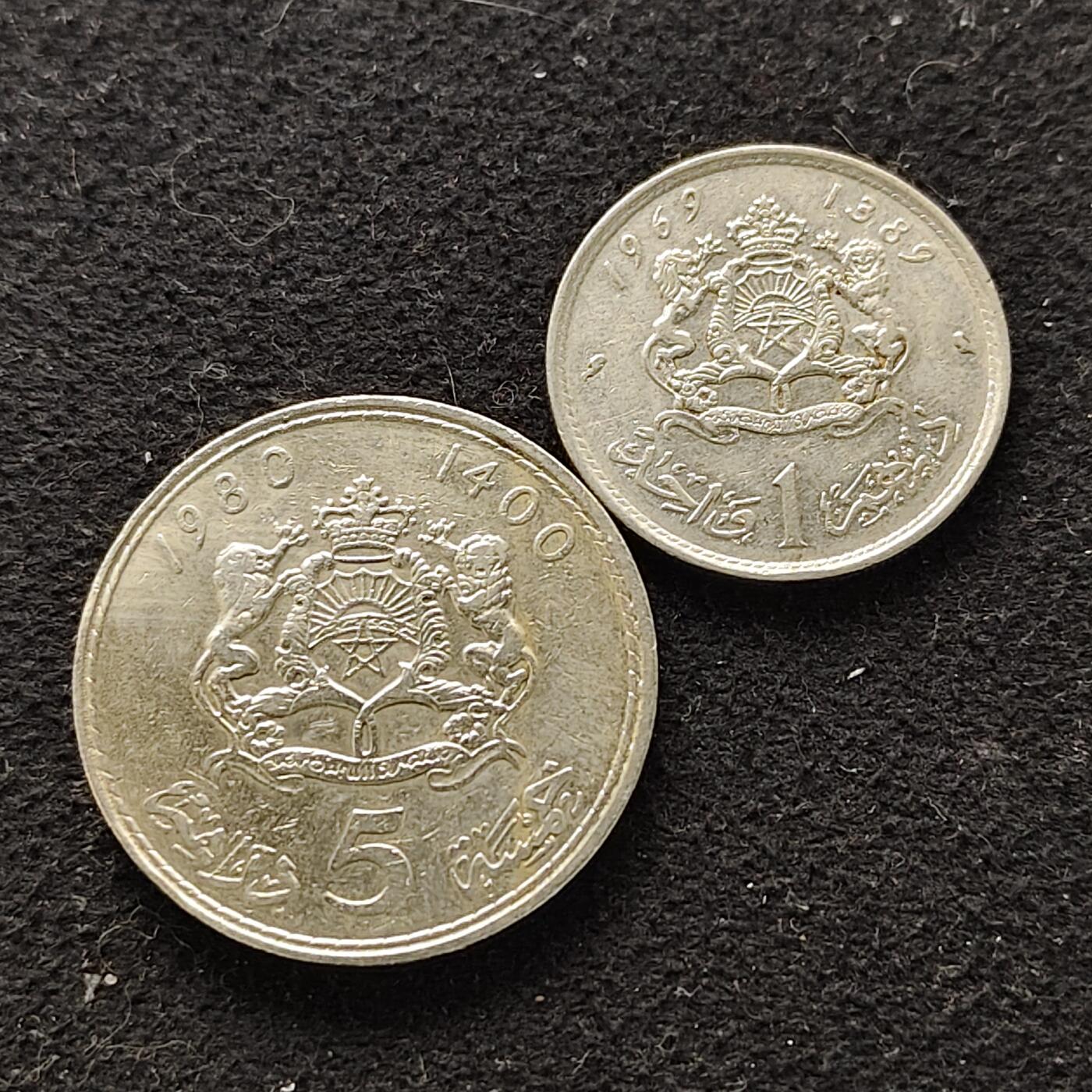 【全场包邮】纯粹捡漏拍490场（免费代拍第27场） 摩洛哥散币2枚一组-1969年1迪拉姆+1980年独年版5迪拉姆